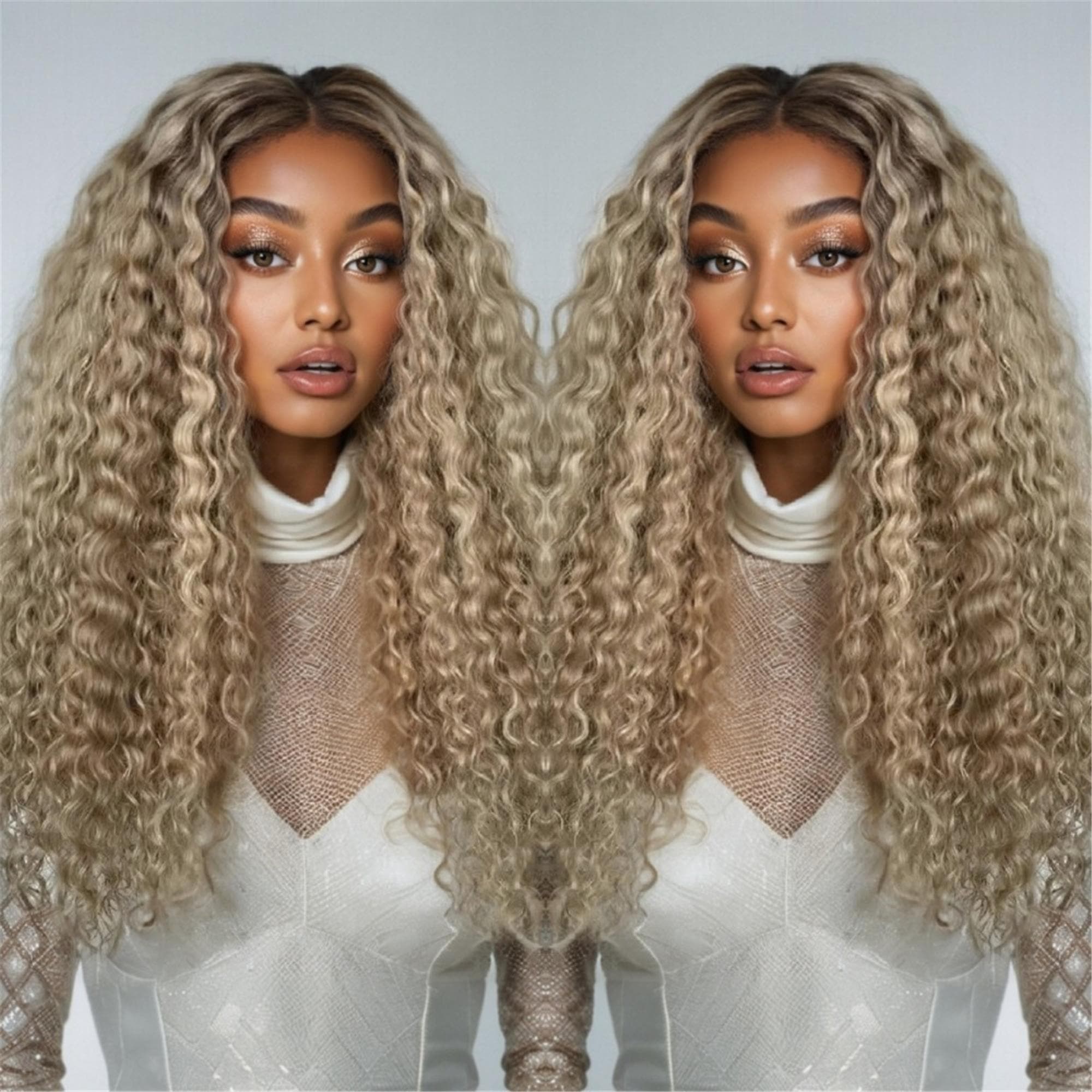 Ombre Ash Blonde Synthetic Lace Front Wig Deep Wave Blonde Ombre Wig Dark Roots Blonde Synthetic Wigs for Women Curly 13x4 Hd - Thumbnail 5