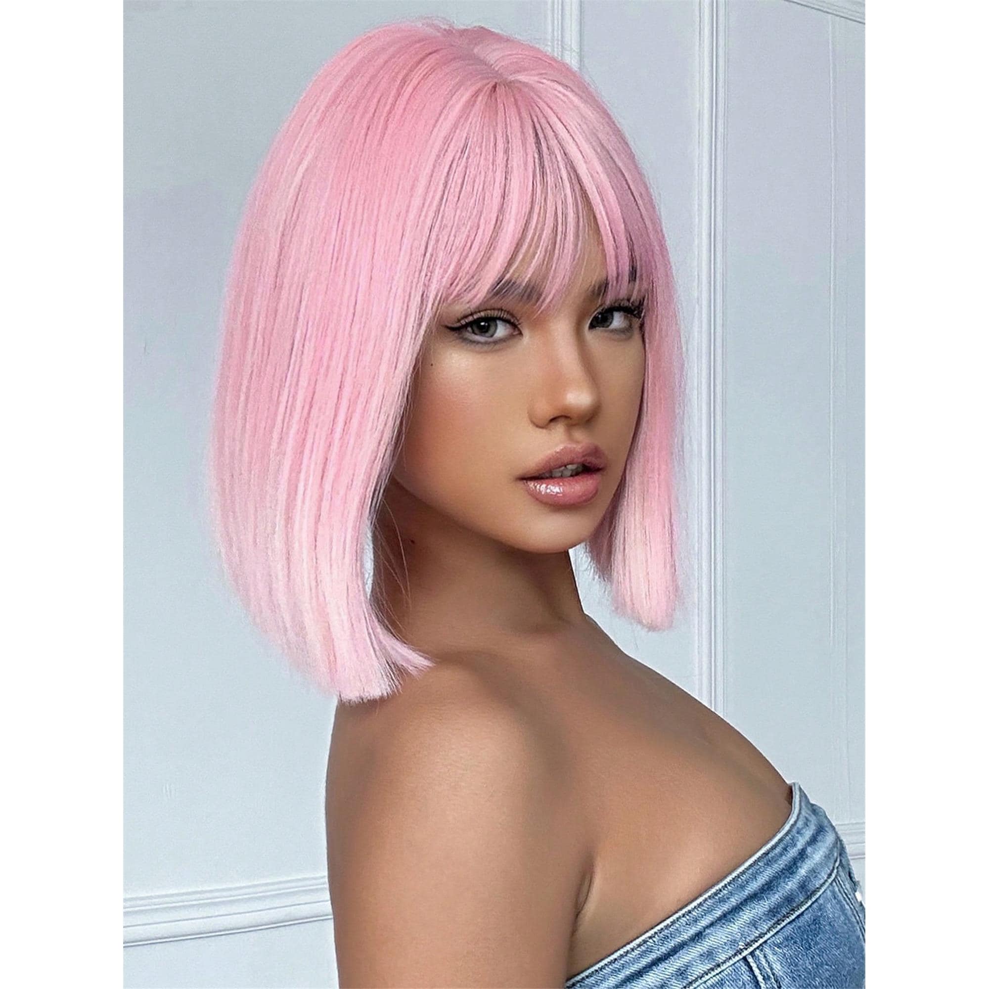 14 Inch Pink Ombre White Bob Wig With Bangs Heat Resistant Wigs Natural Looking For Women Daily Party And Cosplay - Thumbnail 5
