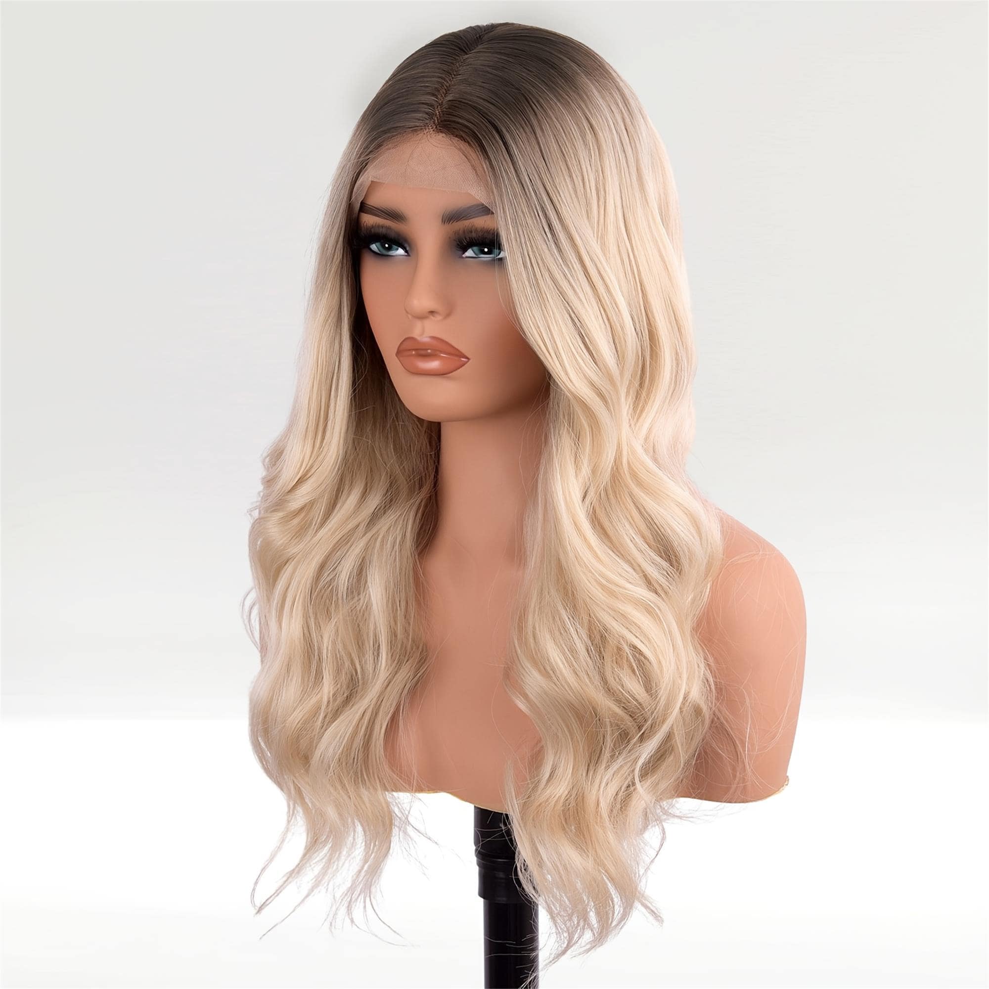 Light Blonde Brown Ombre Long Body Wave Synthetic Lace Front Wig - Achieve Effortless Beachy Waves 22 Inch - Thumbnail 3