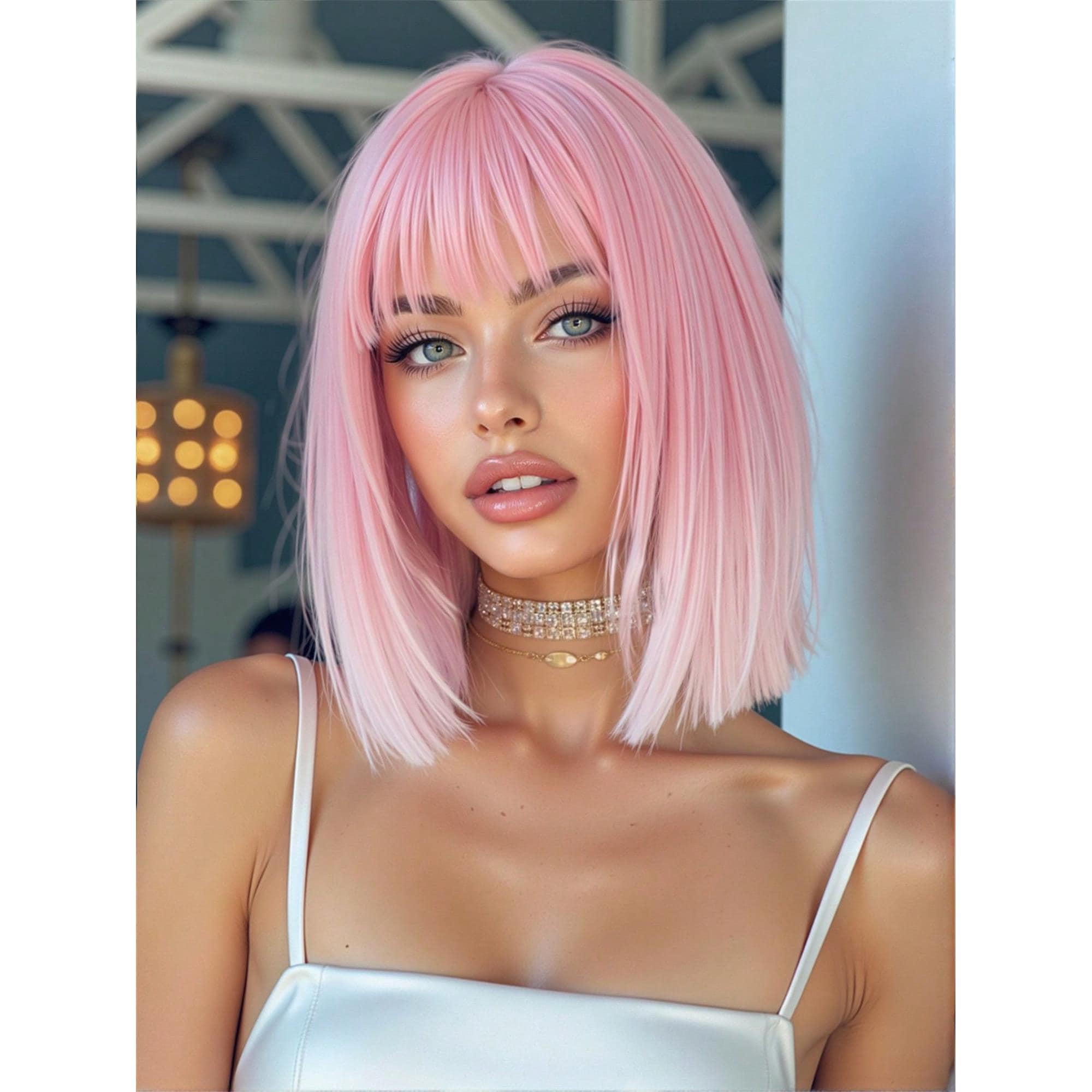14 Inch Pink Ombre White Bob Wig With Bangs Heat Resistant Wigs Natural Looking For Women Daily Party And Cosplay