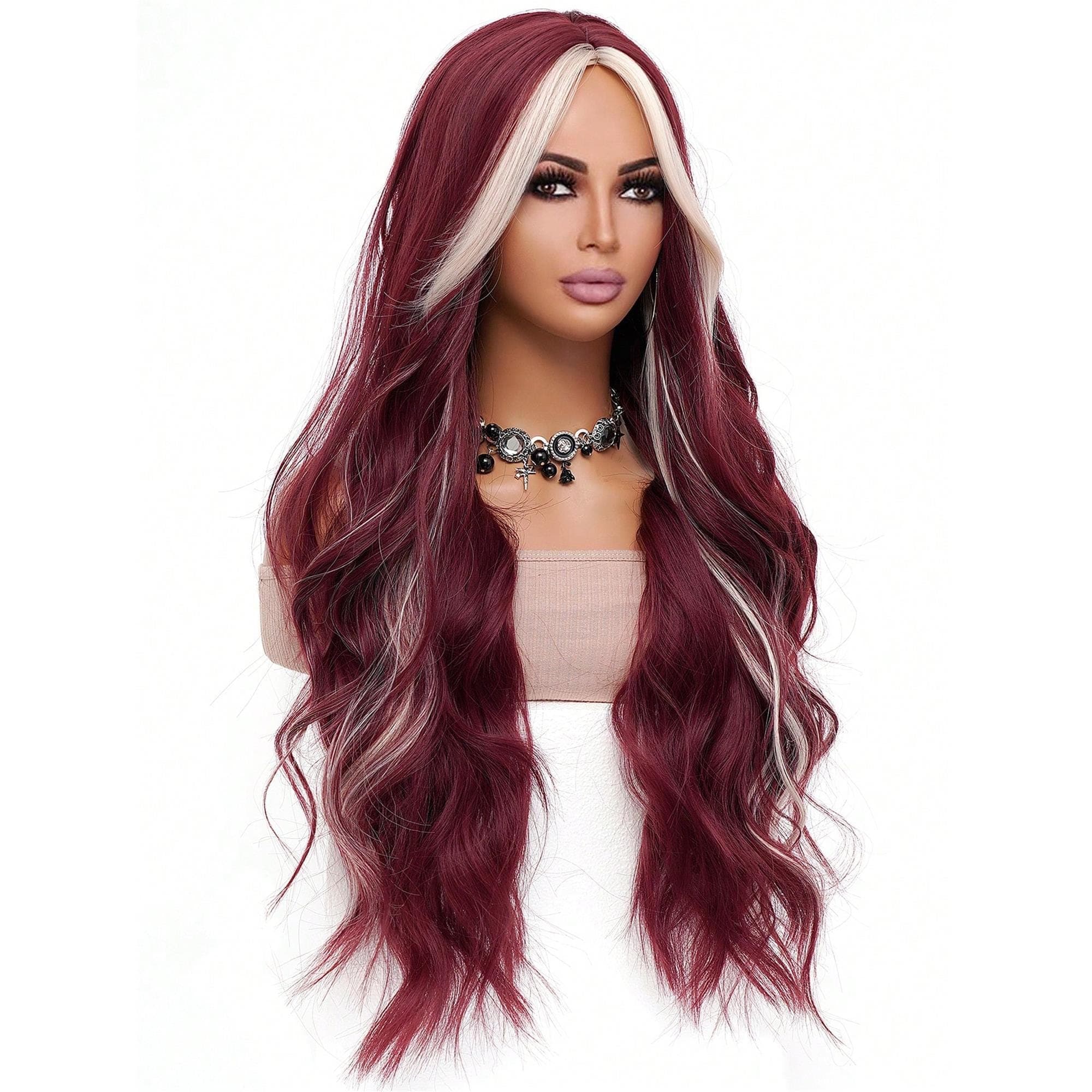 Burgundy Highlighted Gold Long Loose Wavy Wig 34 Inches With Center Part Bangs Soft And Fluffy High-Temperature Resistant Fiber Suitable - Thumbnail 6