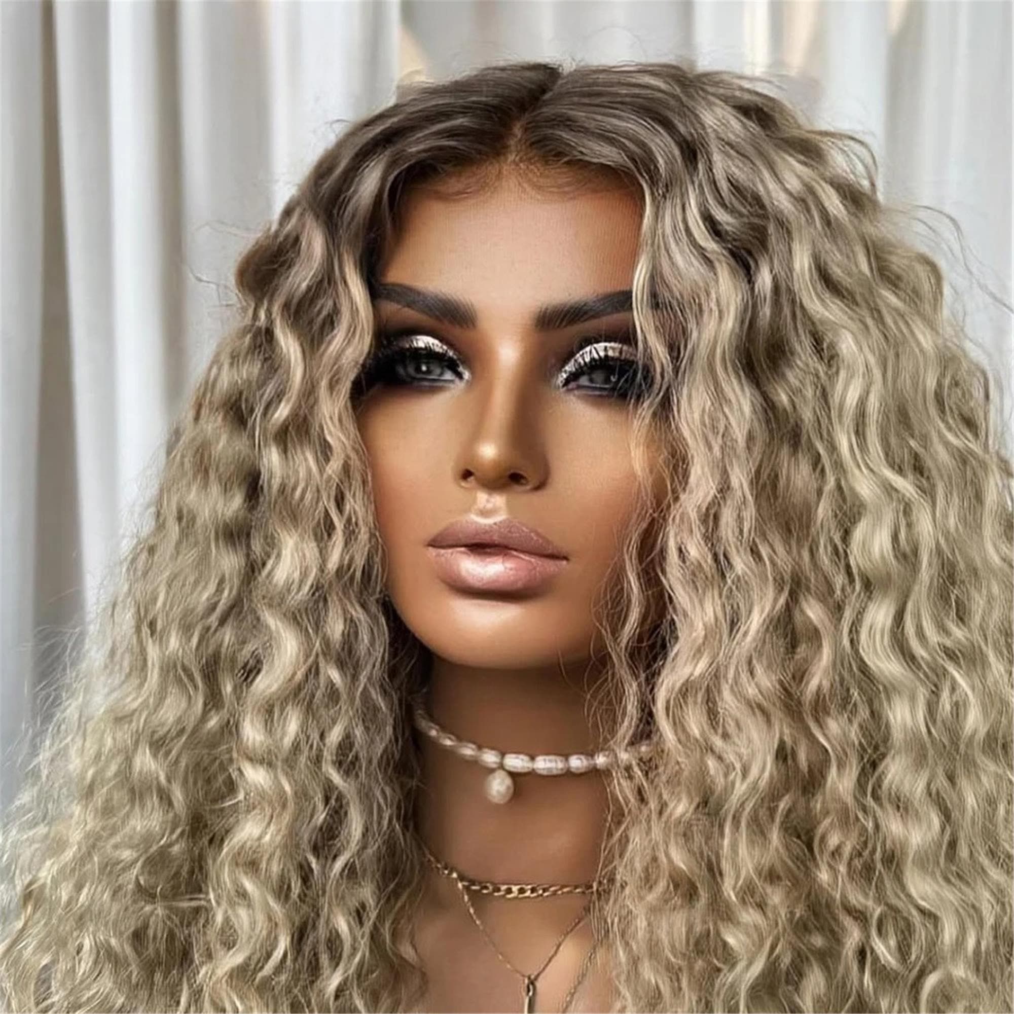 Ombre Ash Blonde Synthetic Lace Front Wig Deep Wave Blonde Ombre Wig Dark Roots Blonde Synthetic Wigs for Women Curly 13x4 Hd