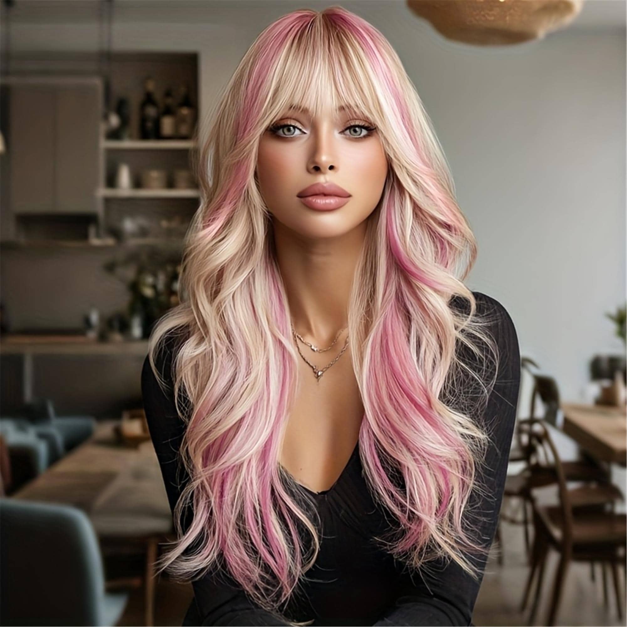 28-Inch Platinum Highlighted Pink Wavy Wig for Women | Bangs with Curls | Ideal for Everyday Styling