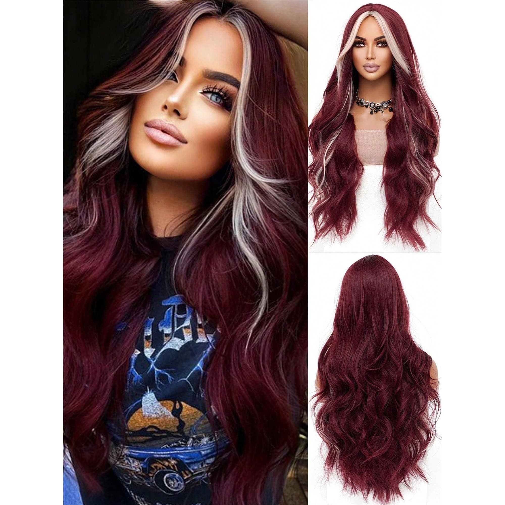Burgundy Highlighted Gold Long Loose Wavy Wig 34 Inches With Center Part Bangs Soft And Fluffy High-Temperature Resistant Fiber Suitable