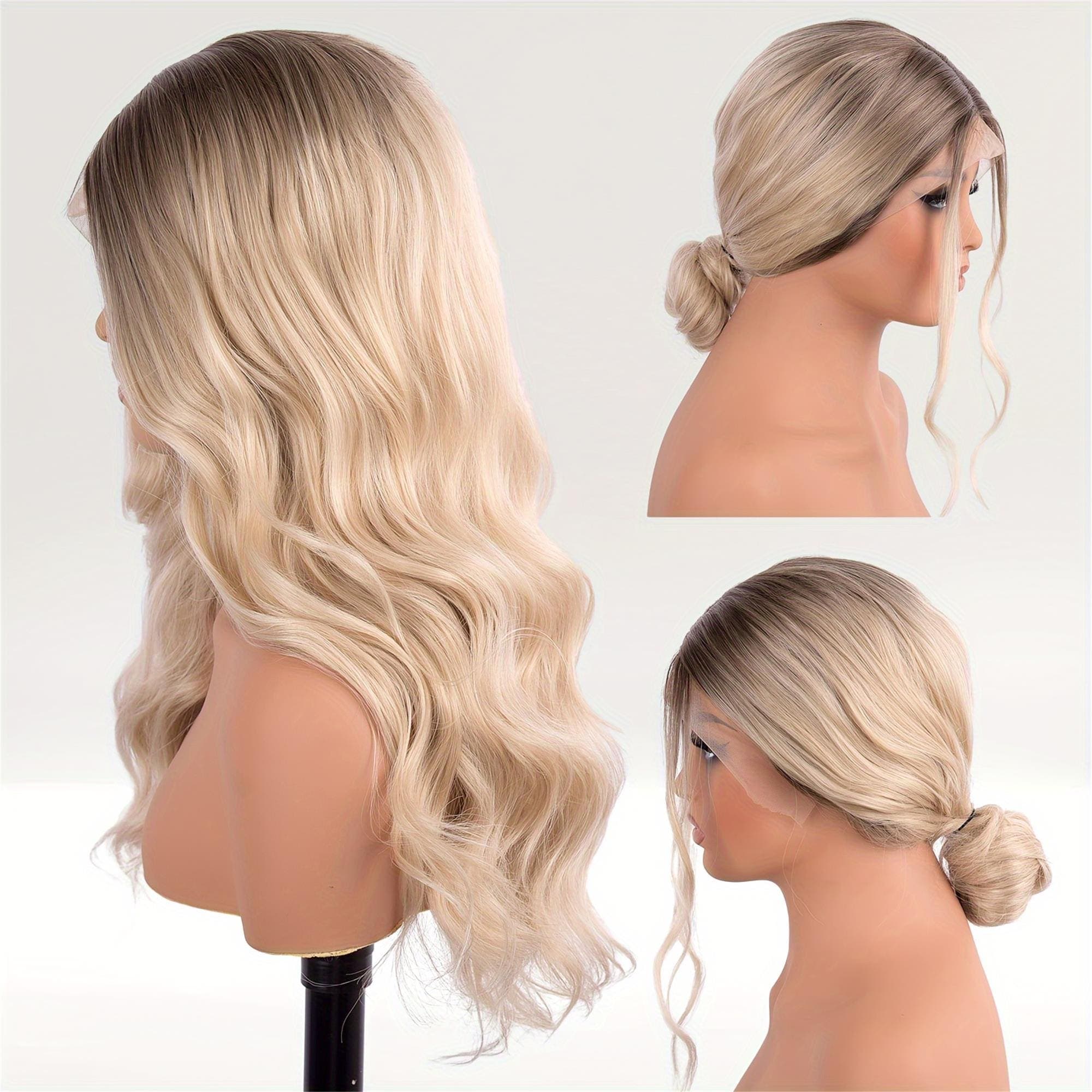 Light Blonde Brown Ombre Long Body Wave Synthetic Lace Front Wig - Achieve Effortless Beachy Waves 22 Inch - Thumbnail 4