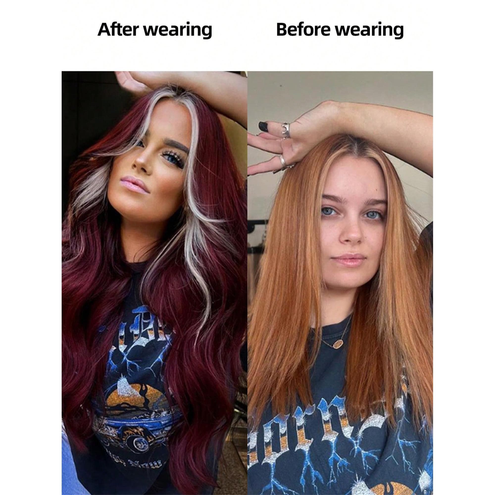 Burgundy Highlighted Gold Long Loose Wavy Wig 34 Inches With Center Part Bangs Soft And Fluffy High-Temperature Resistant Fiber Suitable - Thumbnail 4