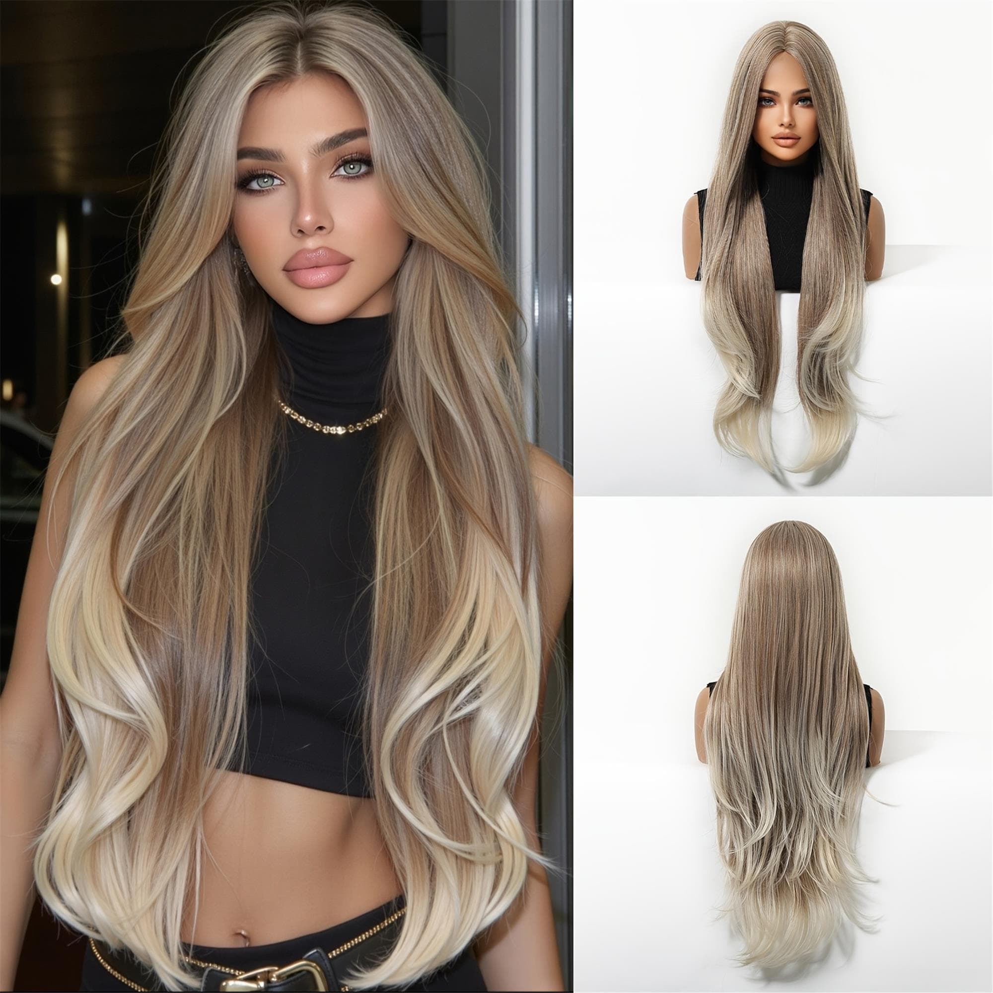 32-inch Milk Tea Brown Gradient to Golden Layered Long Wavy Wig - Thumbnail 2