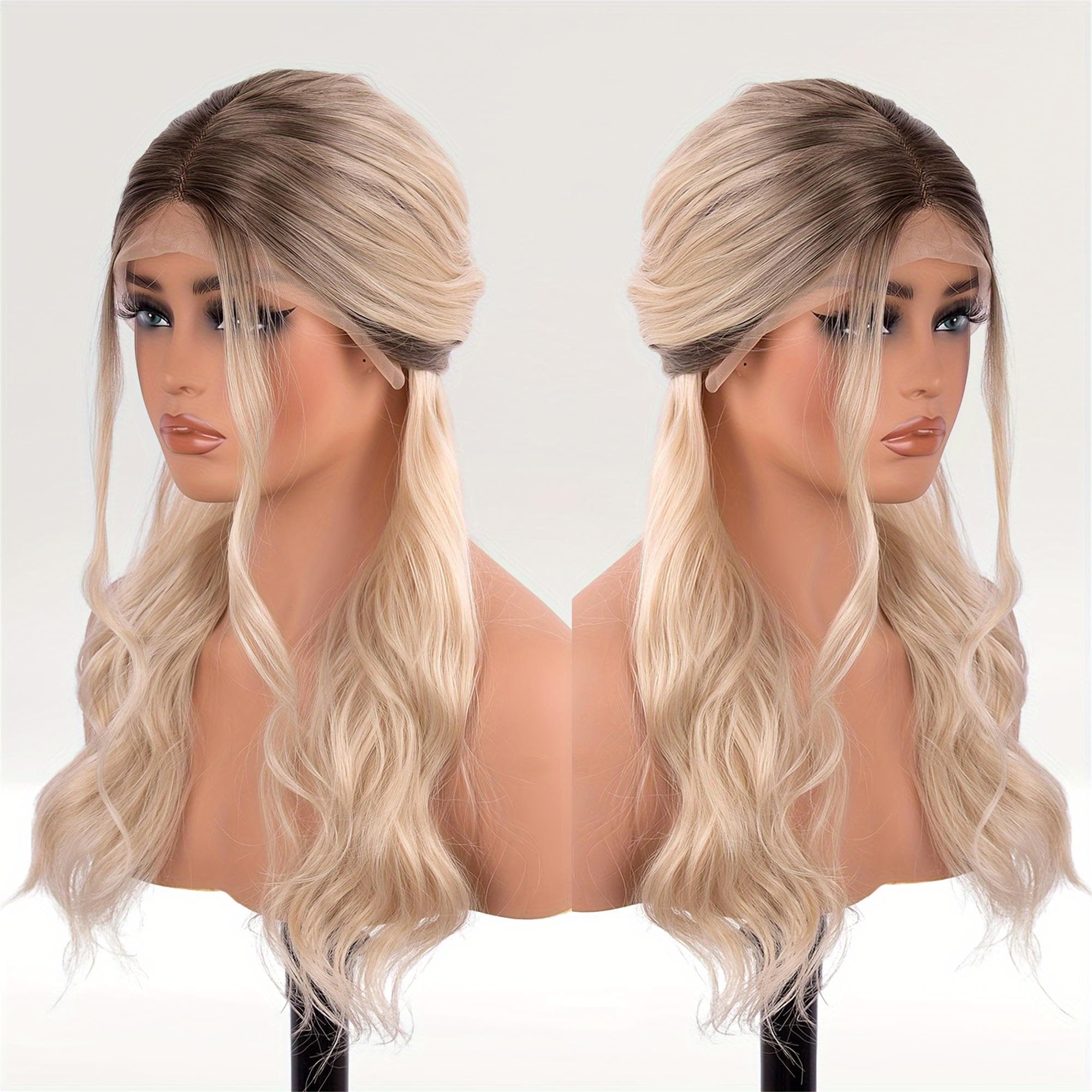 Light Blonde Brown Ombre Long Body Wave Synthetic Lace Front Wig - Achieve Effortless Beachy Waves 22 Inch - Thumbnail 5