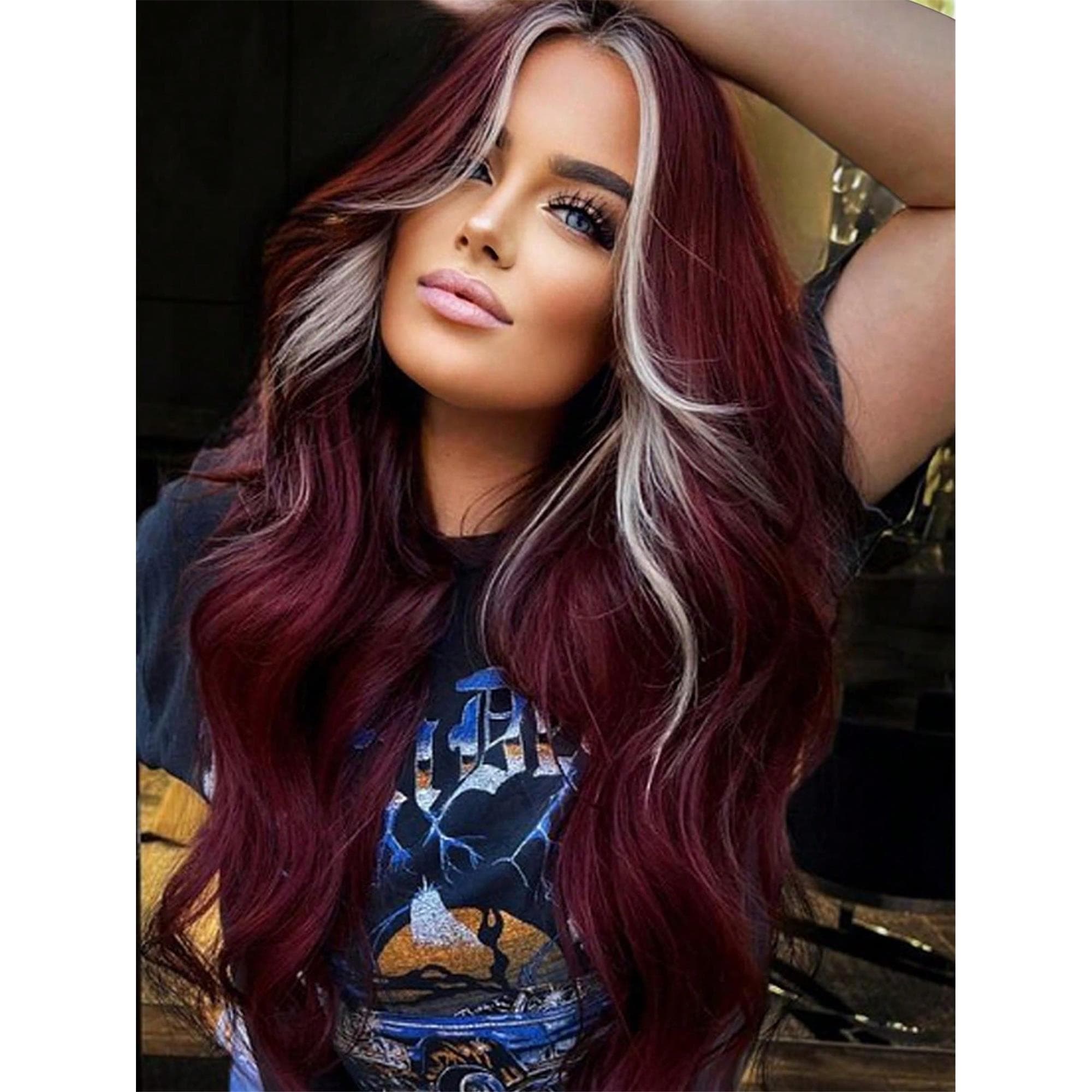 Burgundy Highlighted Gold Long Loose Wavy Wig 34 Inches With Center Part Bangs Soft And Fluffy High-Temperature Resistant Fiber Suitable - Thumbnail 2