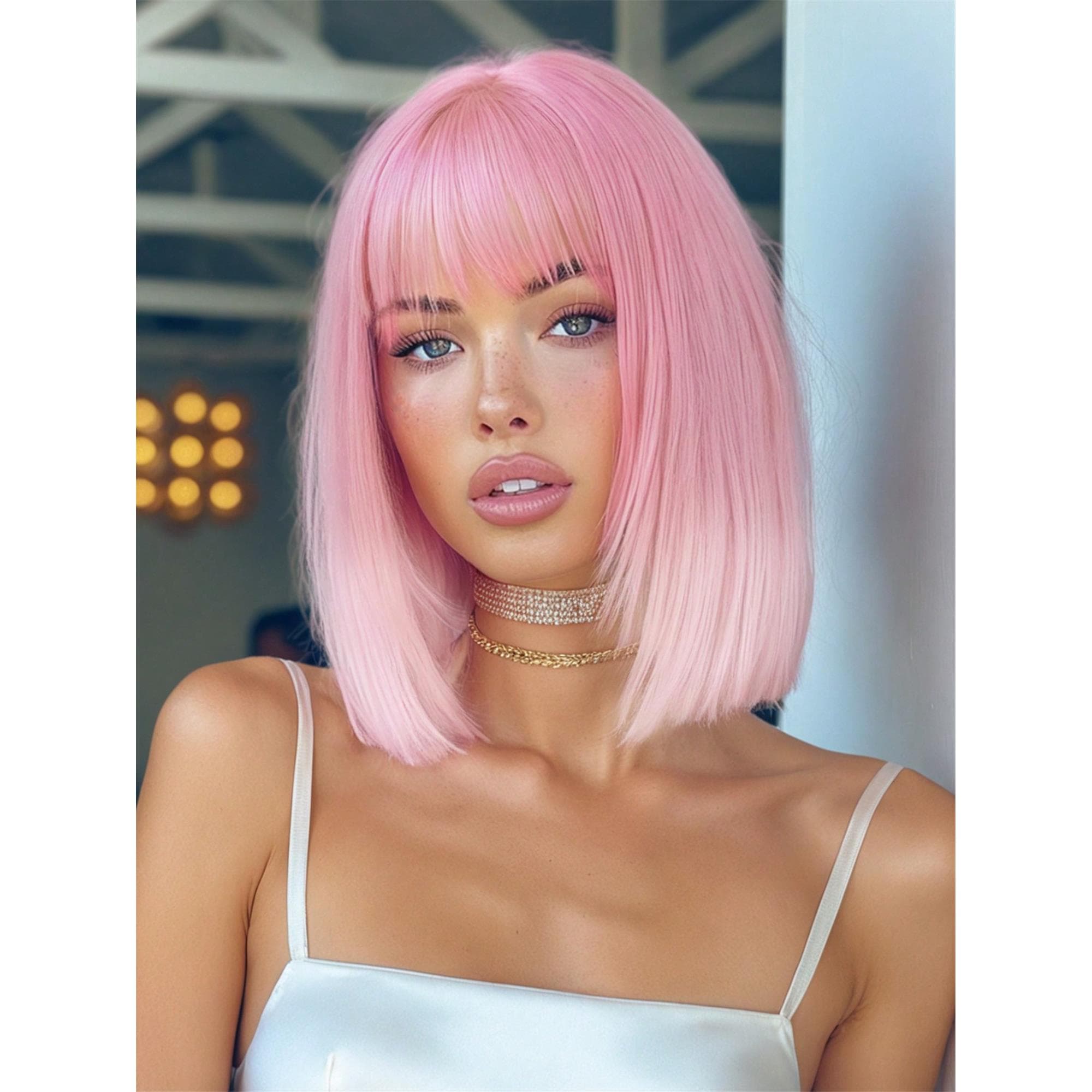 14 Inch Pink Ombre White Bob Wig With Bangs Heat Resistant Wigs Natural Looking For Women Daily Party And Cosplay - Thumbnail 2