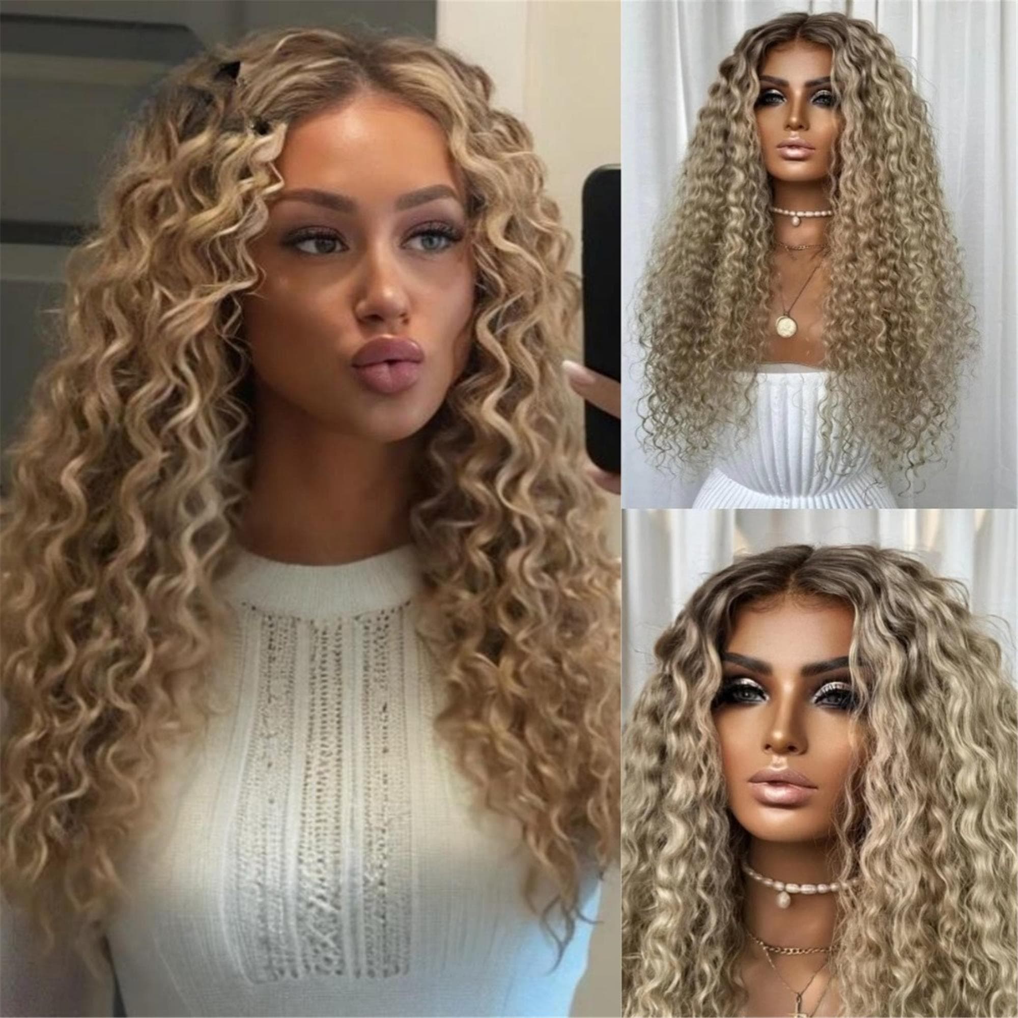 Ombre Ash Blonde Synthetic Lace Front Wig Deep Wave Blonde Ombre Wig Dark Roots Blonde Synthetic Wigs for Women Curly 13x4 Hd - Thumbnail 4