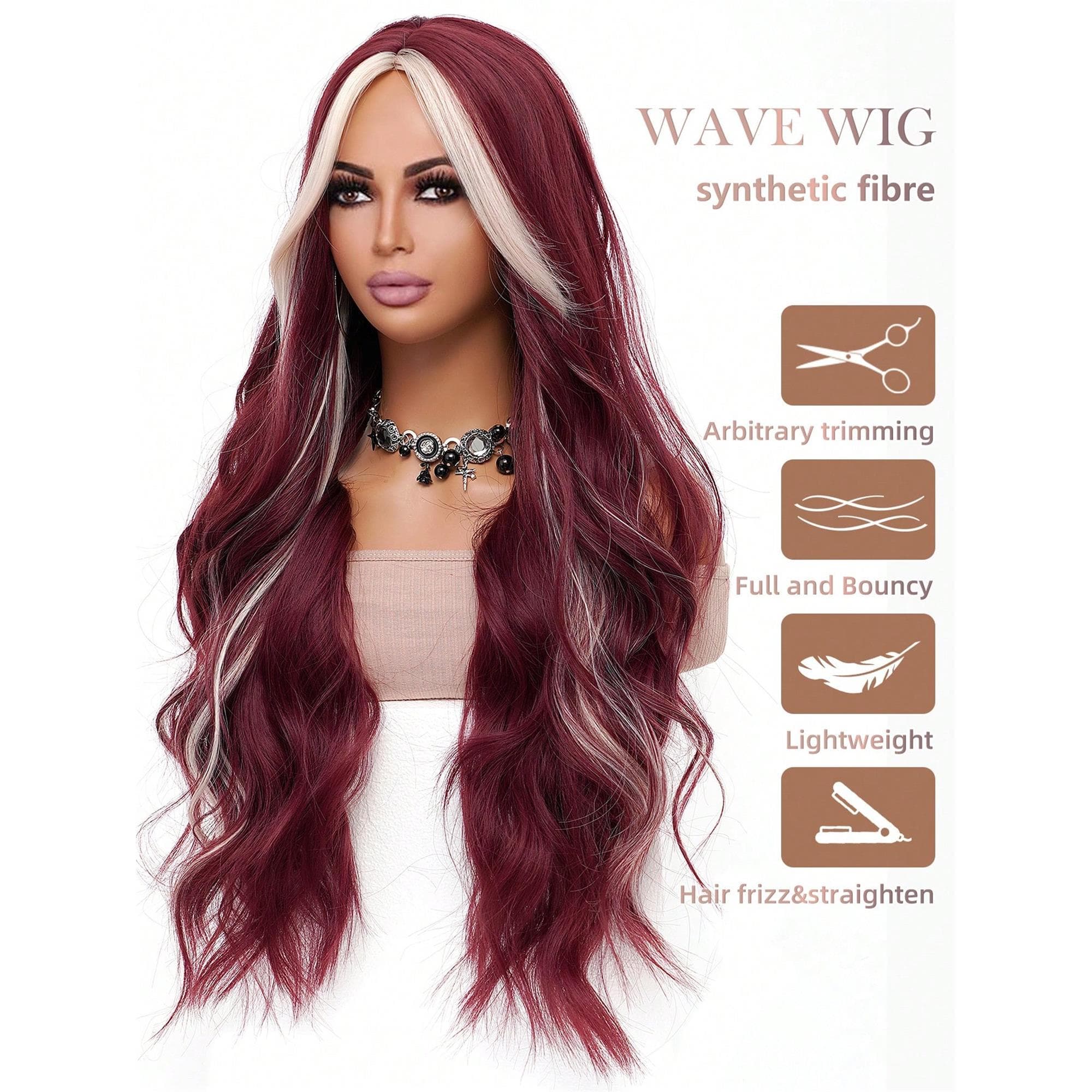 Burgundy Highlighted Gold Long Loose Wavy Wig 34 Inches With Center Part Bangs Soft And Fluffy High-Temperature Resistant Fiber Suitable - Thumbnail 7