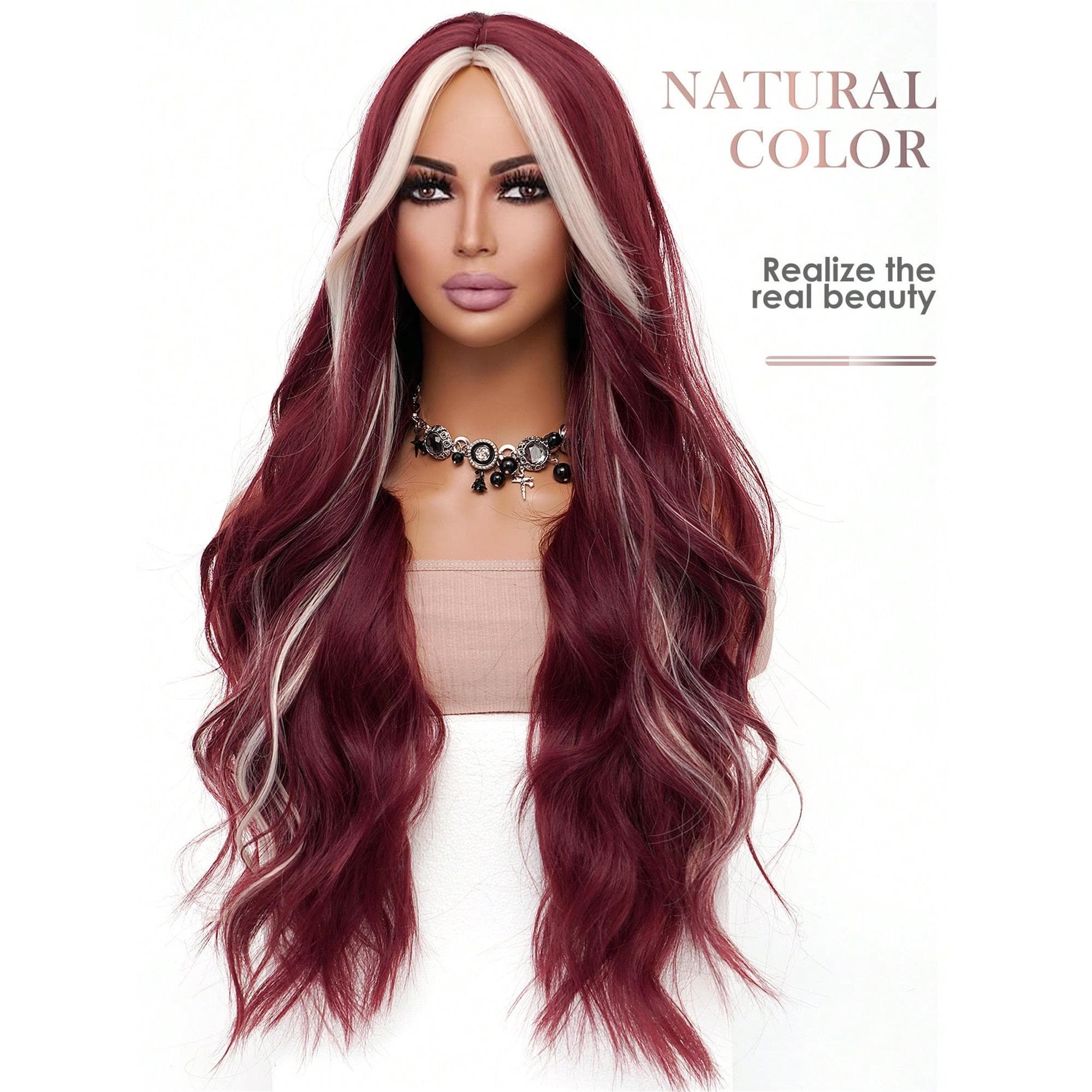 Burgundy Highlighted Gold Long Loose Wavy Wig 34 Inches With Center Part Bangs Soft And Fluffy High-Temperature Resistant Fiber Suitable - Thumbnail 5