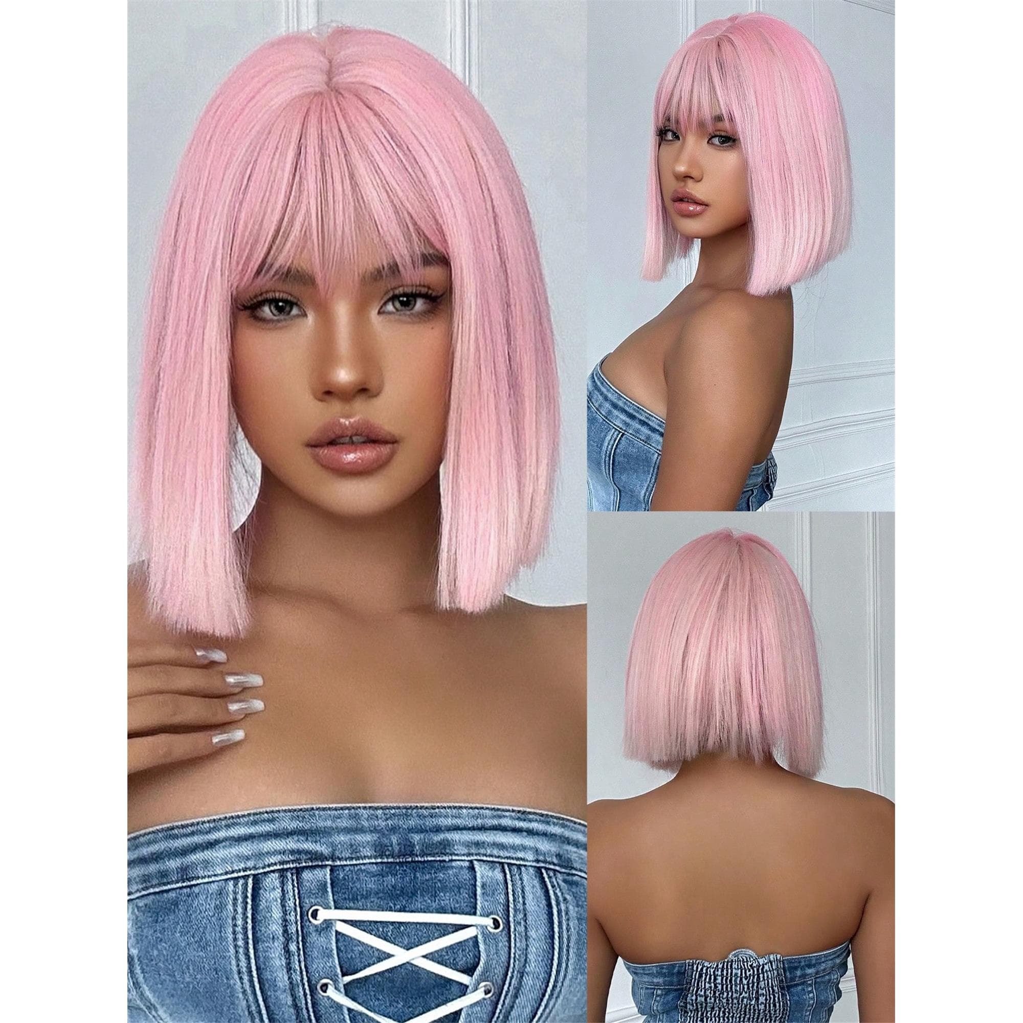 14 Inch Pink Ombre White Bob Wig With Bangs Heat Resistant Wigs Natural Looking For Women Daily Party And Cosplay - Thumbnail 3