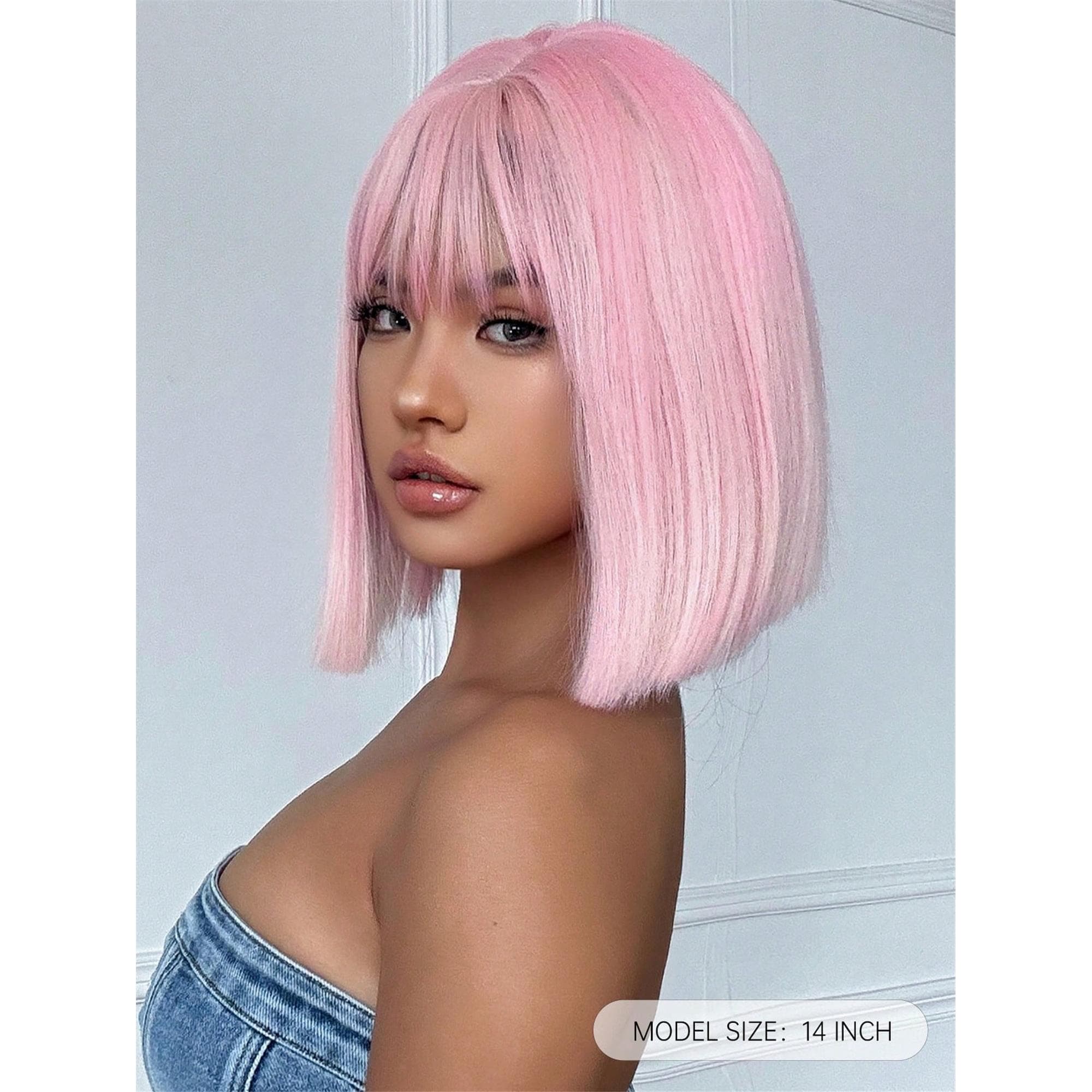 14 Inch Pink Ombre White Bob Wig With Bangs Heat Resistant Wigs Natural Looking For Women Daily Party And Cosplay - Thumbnail 6