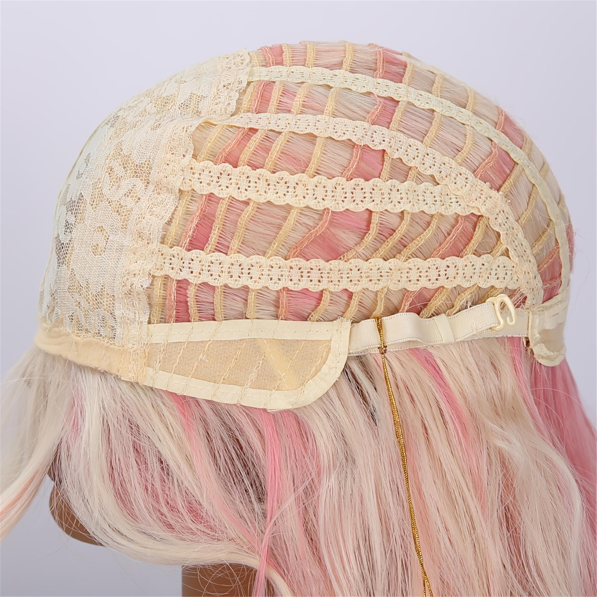28-Inch Platinum Highlighted Pink Wavy Wig for Women | Bangs with Curls | Ideal for Everyday Styling - Thumbnail 7