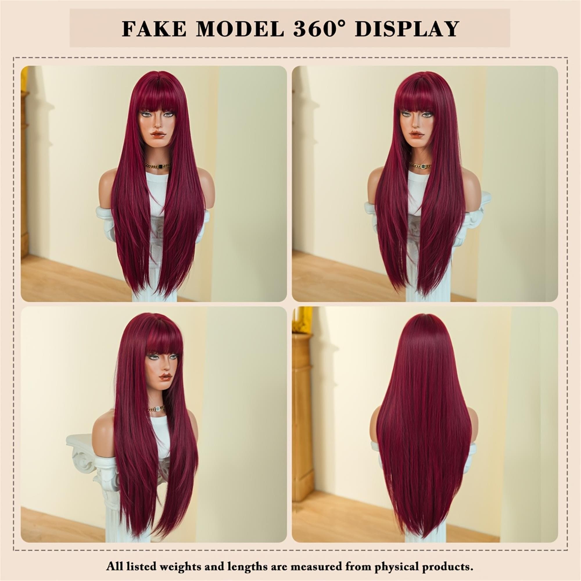 Costume Wig Long Straight Burgundy Red Wigs with Full Bangs High Layered Density Grape Red Wig - Thumbnail 6