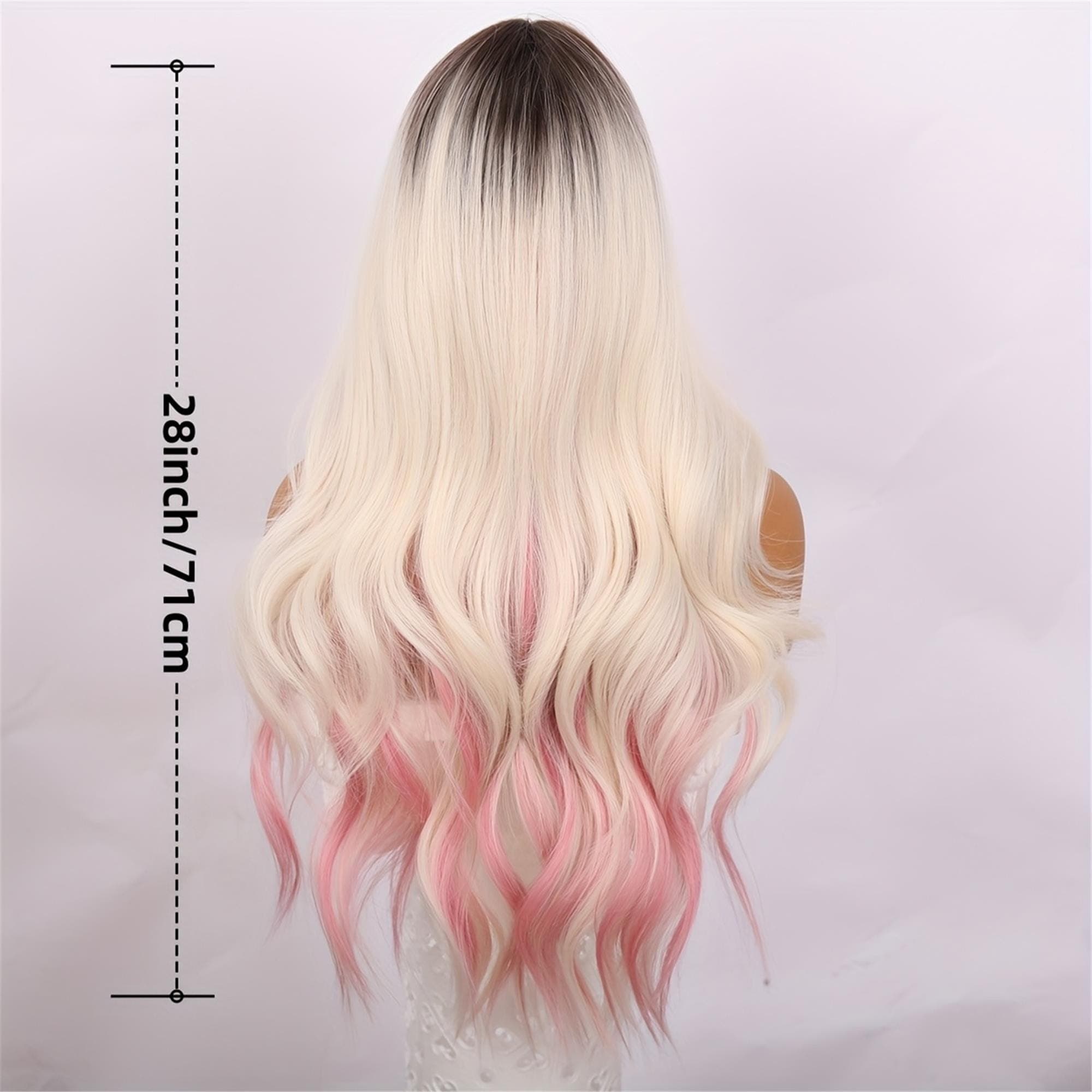 28-inch Women's Platinum Wig with Pink Highlights Loose Waves Suitable for Daily Wear - Thumbnail 4