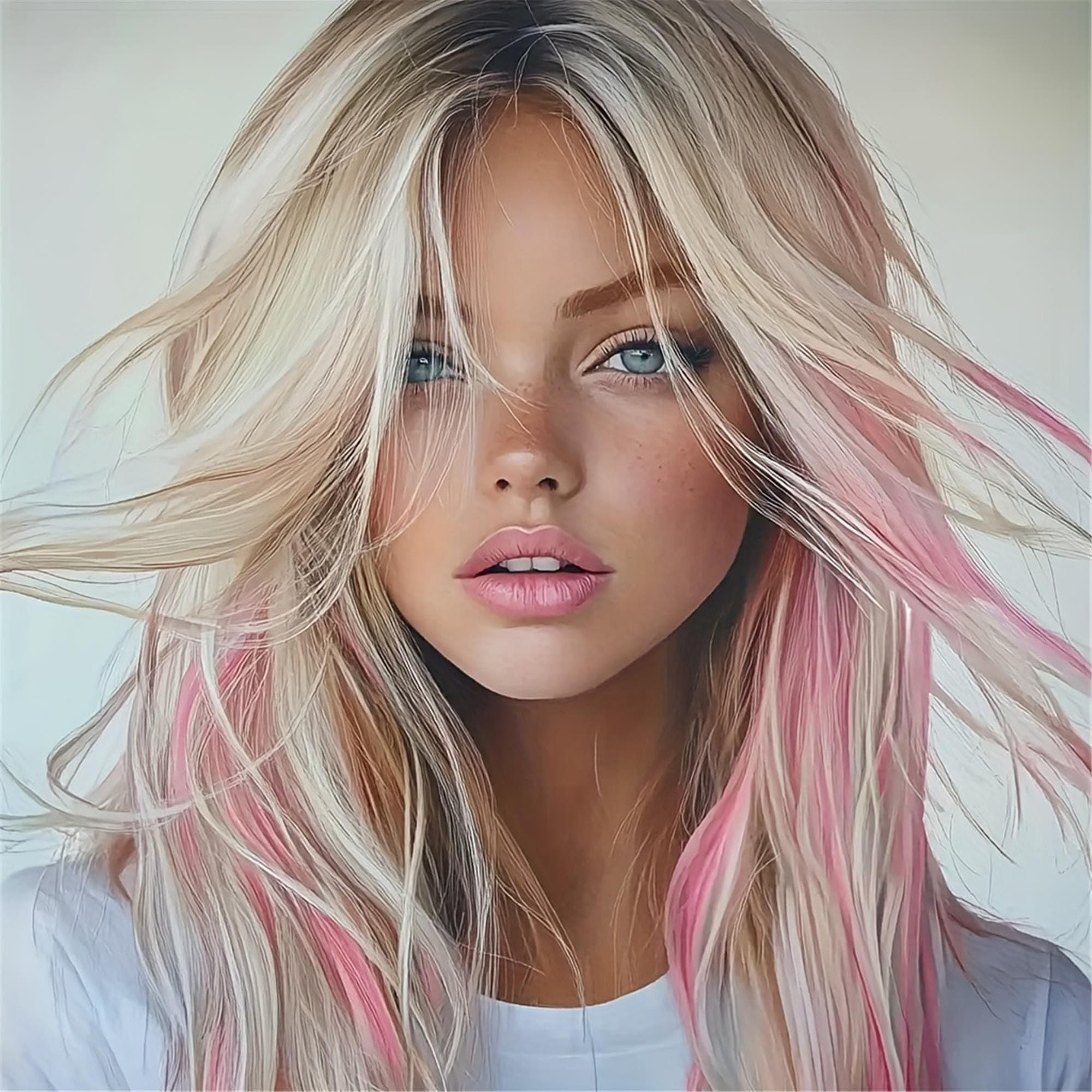 28-inch Women's Platinum Wig with Pink Highlights Loose Waves Suitable for Daily Wear - Thumbnail 2