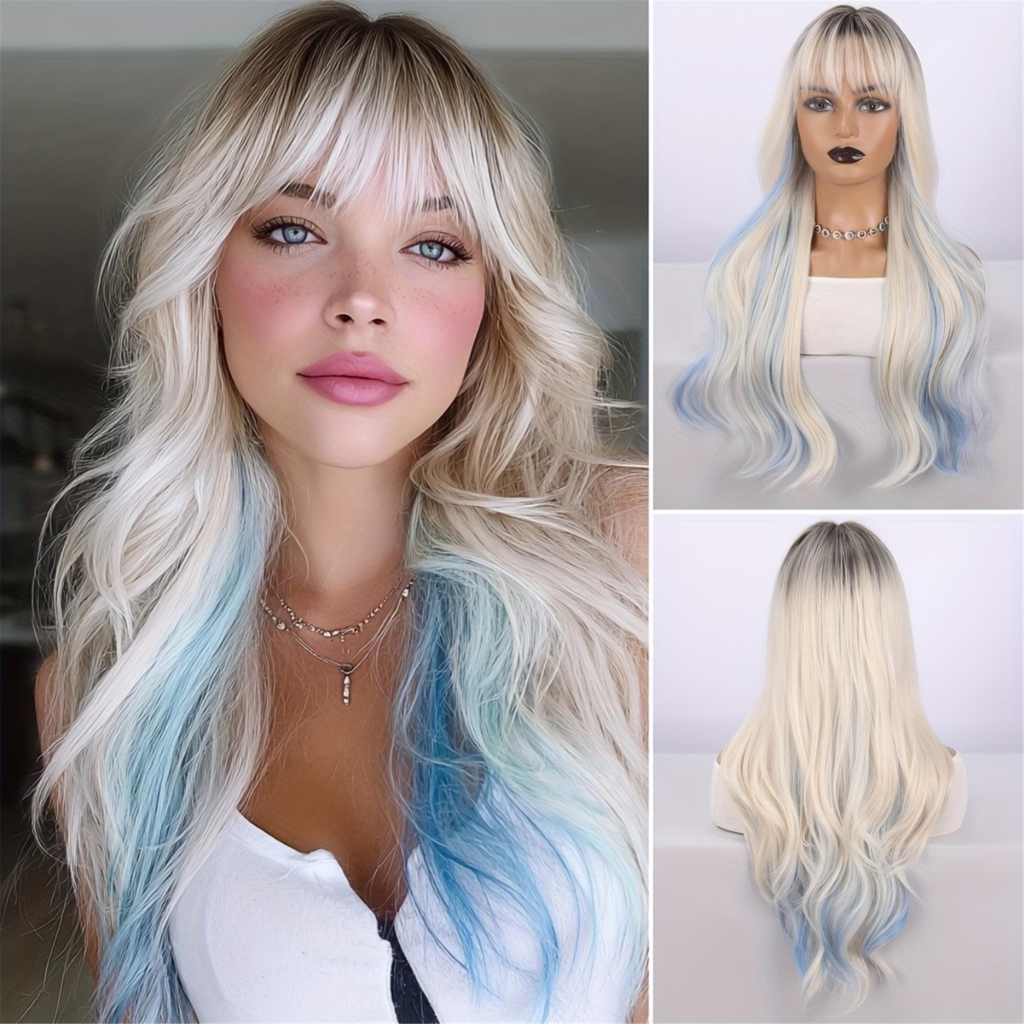 28-inch Women's Platinum Wig with Pink Highlights Loose Waves Suitable for Daily Wear