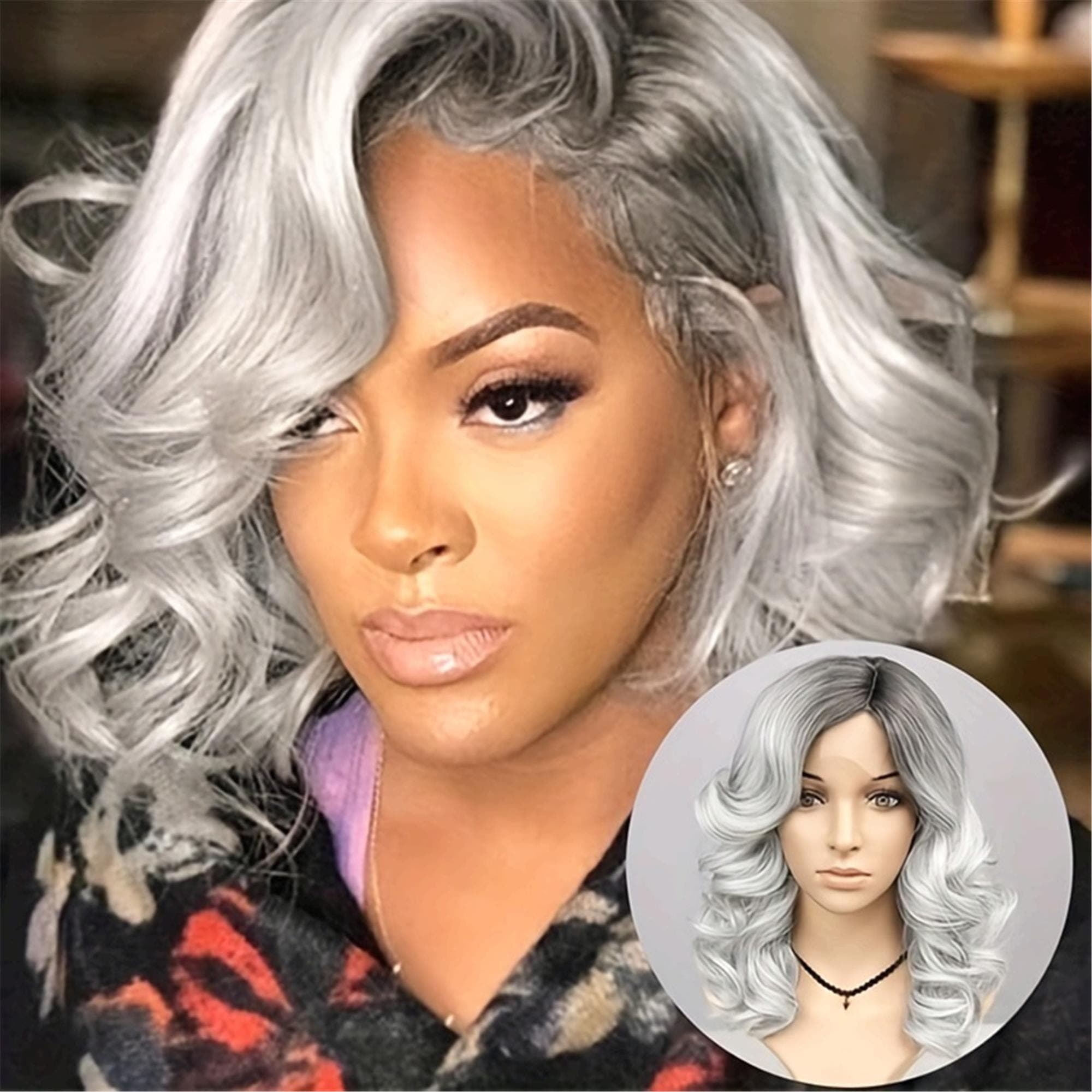 4*1 12 Inch/30Cm Ombre Black Gray Loose Wave Curly Hair Wigs Synthetic T Part Lace Front Wigs Bob Body Wave Wig