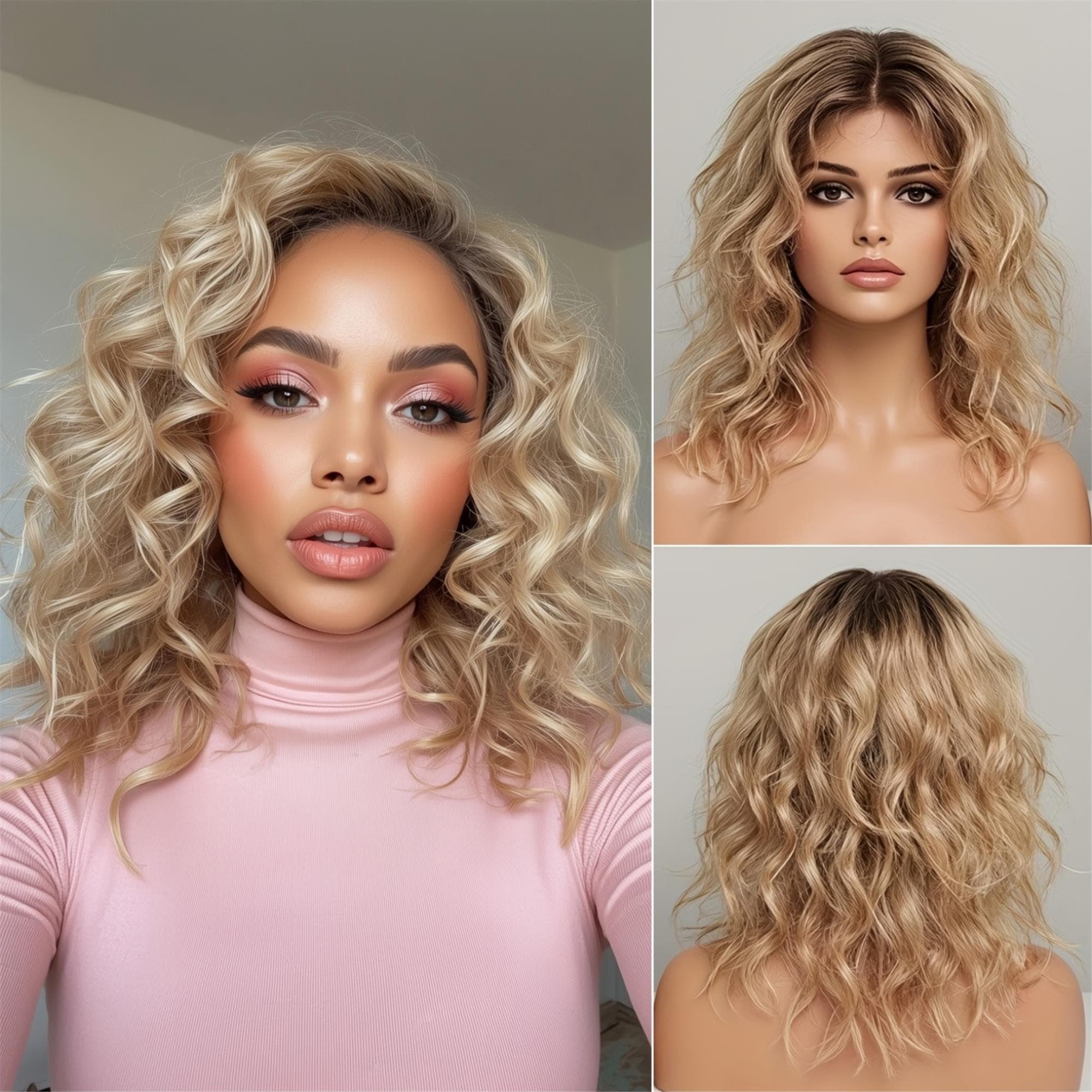 Curly Hair Wig with an Aesthetic Appeal Featuring an Ombre Honey Blonde Lace Front Design Suitable fir everyday use