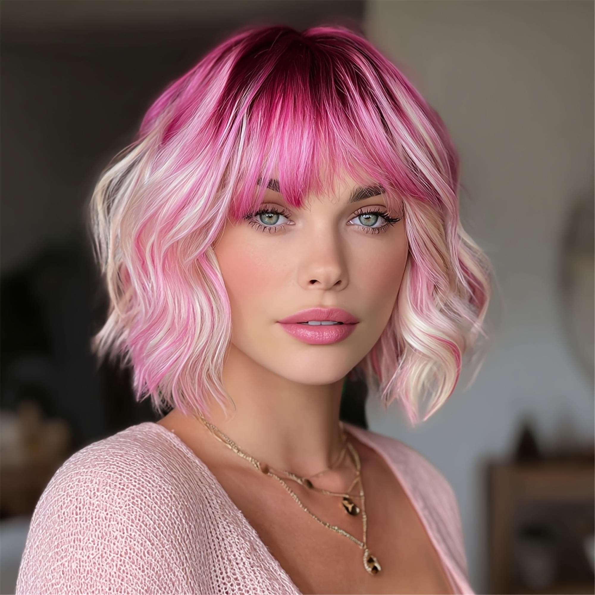 Sweet And Cool Pink Gradient Short Wig with Bangs 12 Inch Rose Net Breathable Lightweight Style Must-Have