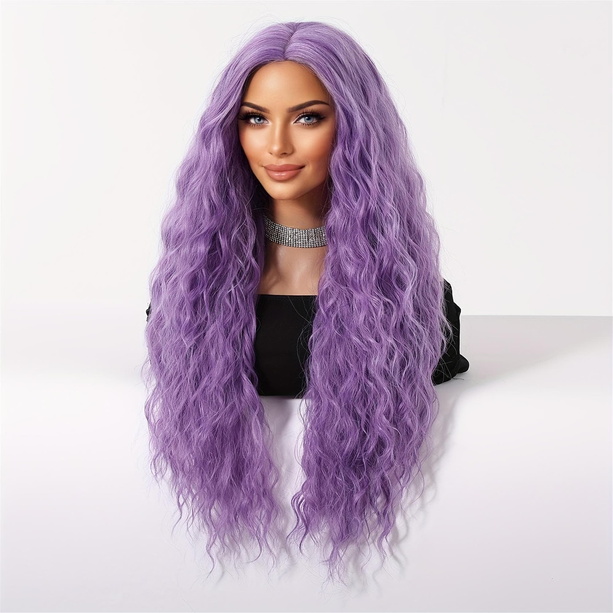 Purple Long Curly Hair Curly Wave Wig - Thumbnail 3