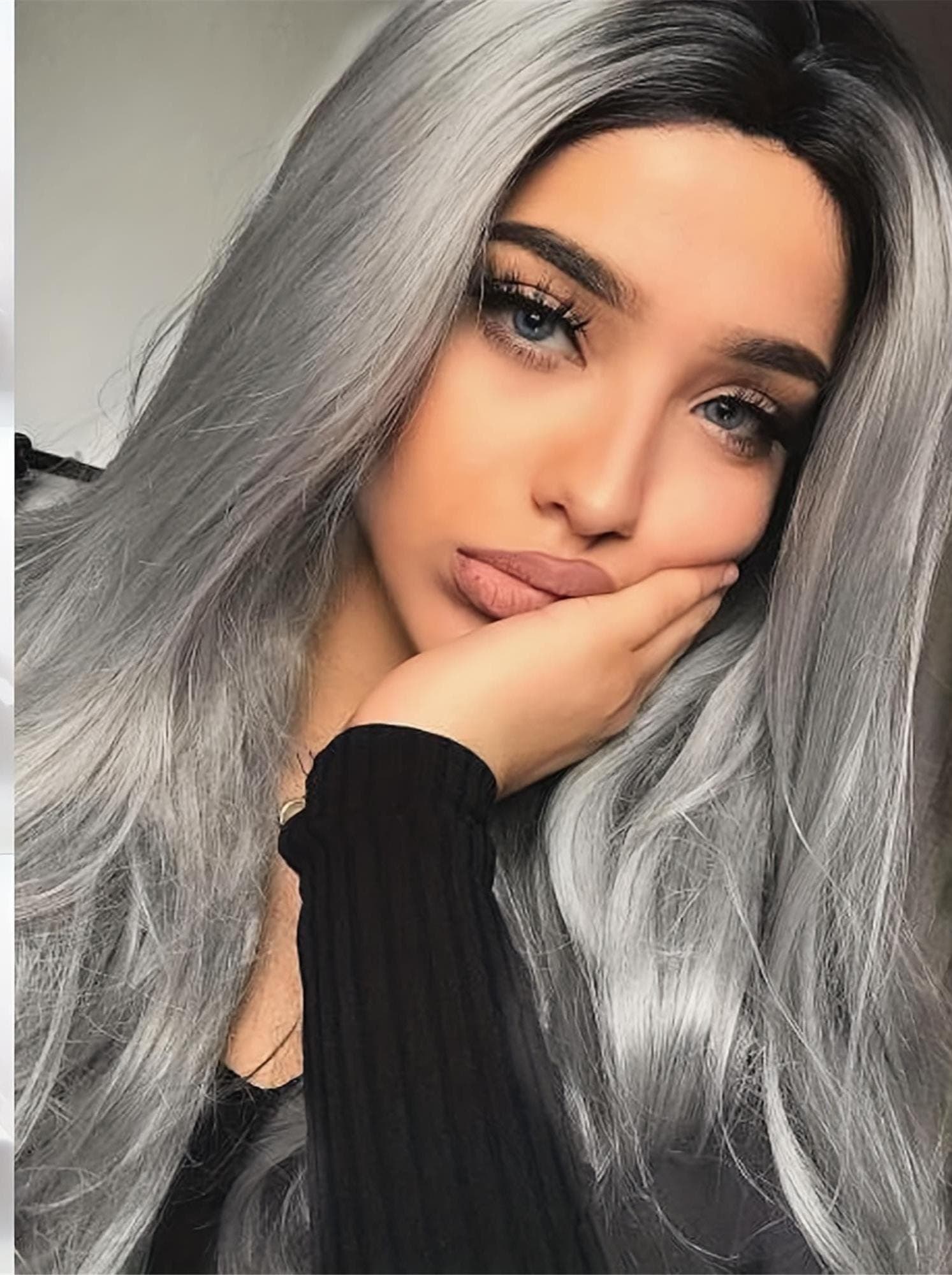 Silve Grey Ombre Lace Front Wigs Pre Plucked Hairline Long Natural Straight Gray Lace Front Wig Dark Roots Side Part Glueless