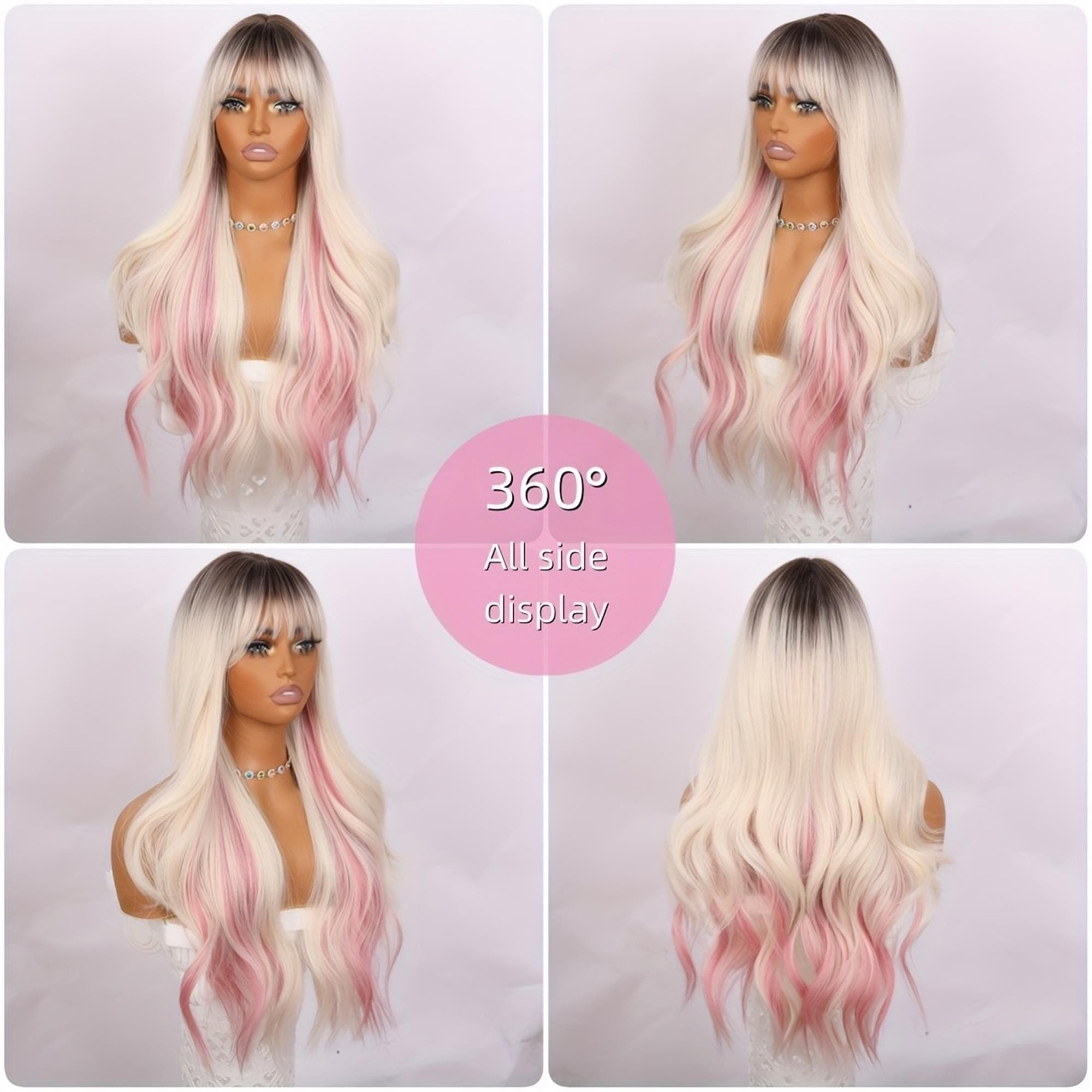 28-inch Women's Platinum Wig with Pink Highlights Loose Waves Suitable for Daily Wear - Thumbnail 6