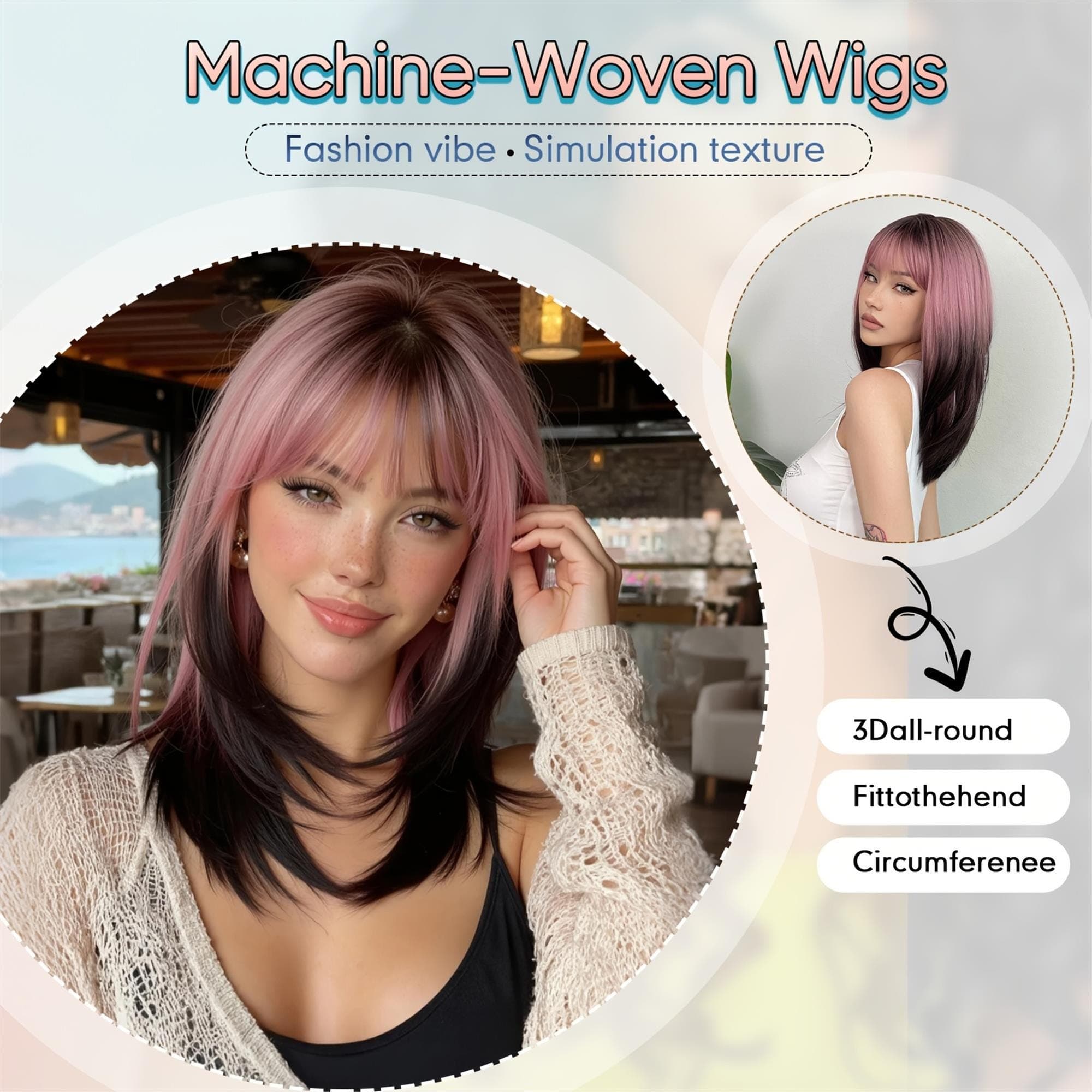 18 Inch Straight Ombre Pink to Black Wigs with Neat Bangs; Comfortable High Quality Fluffy - Thumbnail 4