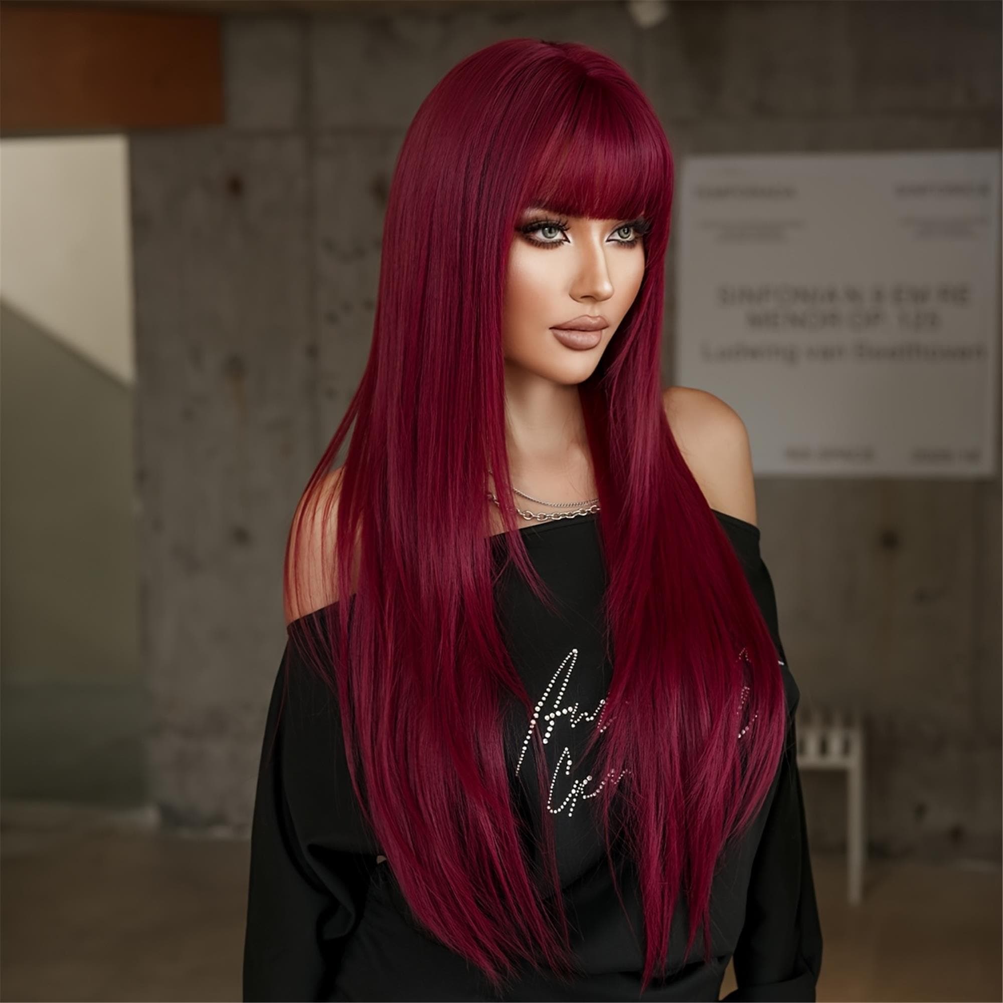 Costume Wig Long Straight Burgundy Red Wigs with Full Bangs High Layered Density Grape Red Wig - Thumbnail 4