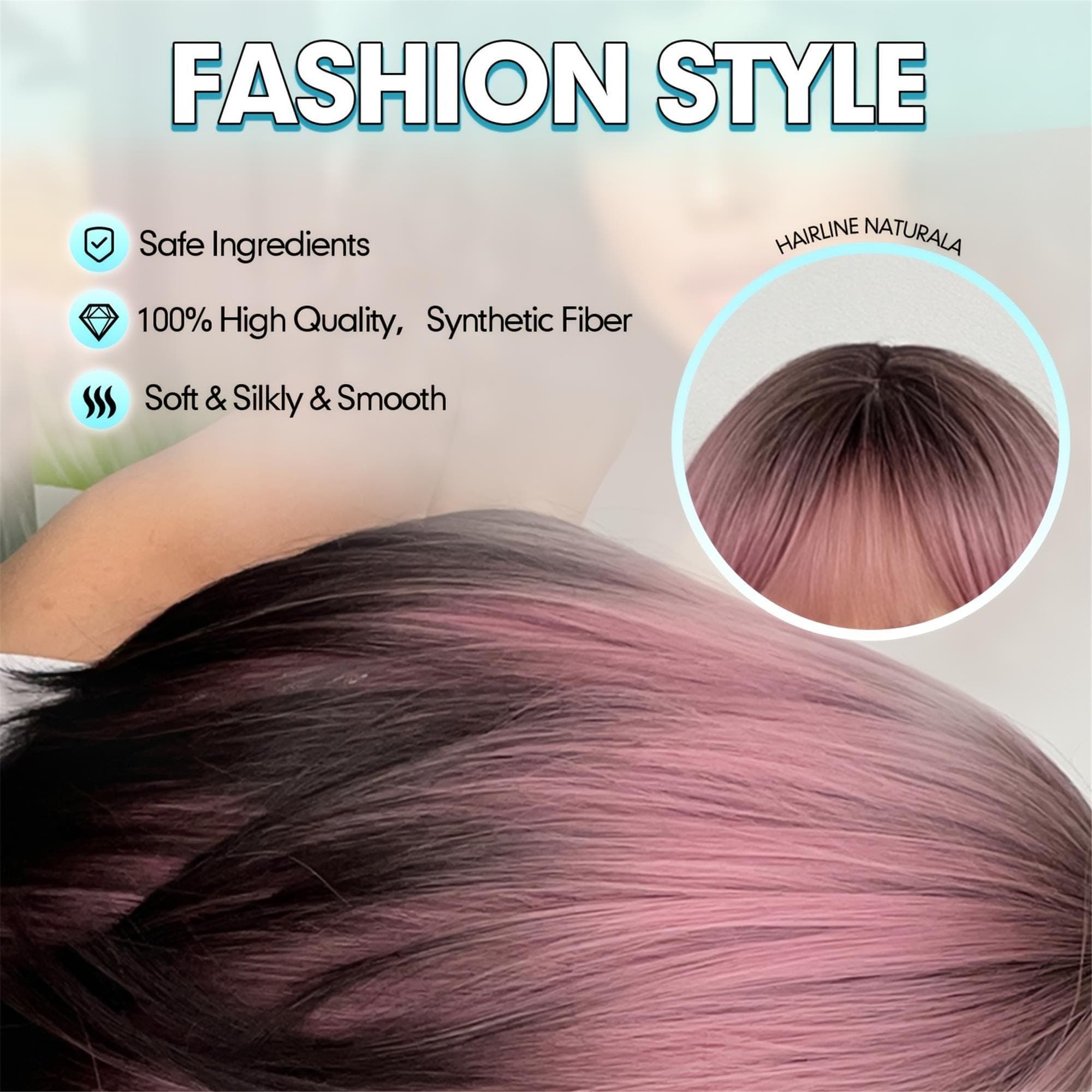 18 Inch Straight Ombre Pink to Black Wigs with Neat Bangs; Comfortable High Quality Fluffy - Thumbnail 6