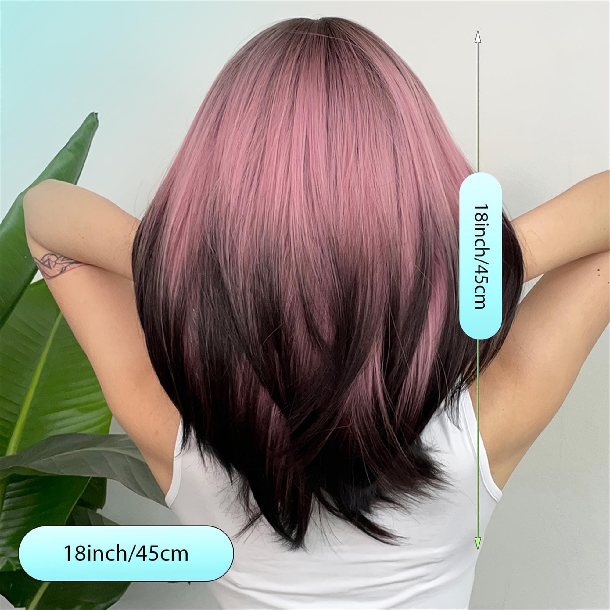 18 Inch Straight Ombre Pink to Black Wigs with Neat Bangs; Comfortable High Quality Fluffy - Thumbnail 2