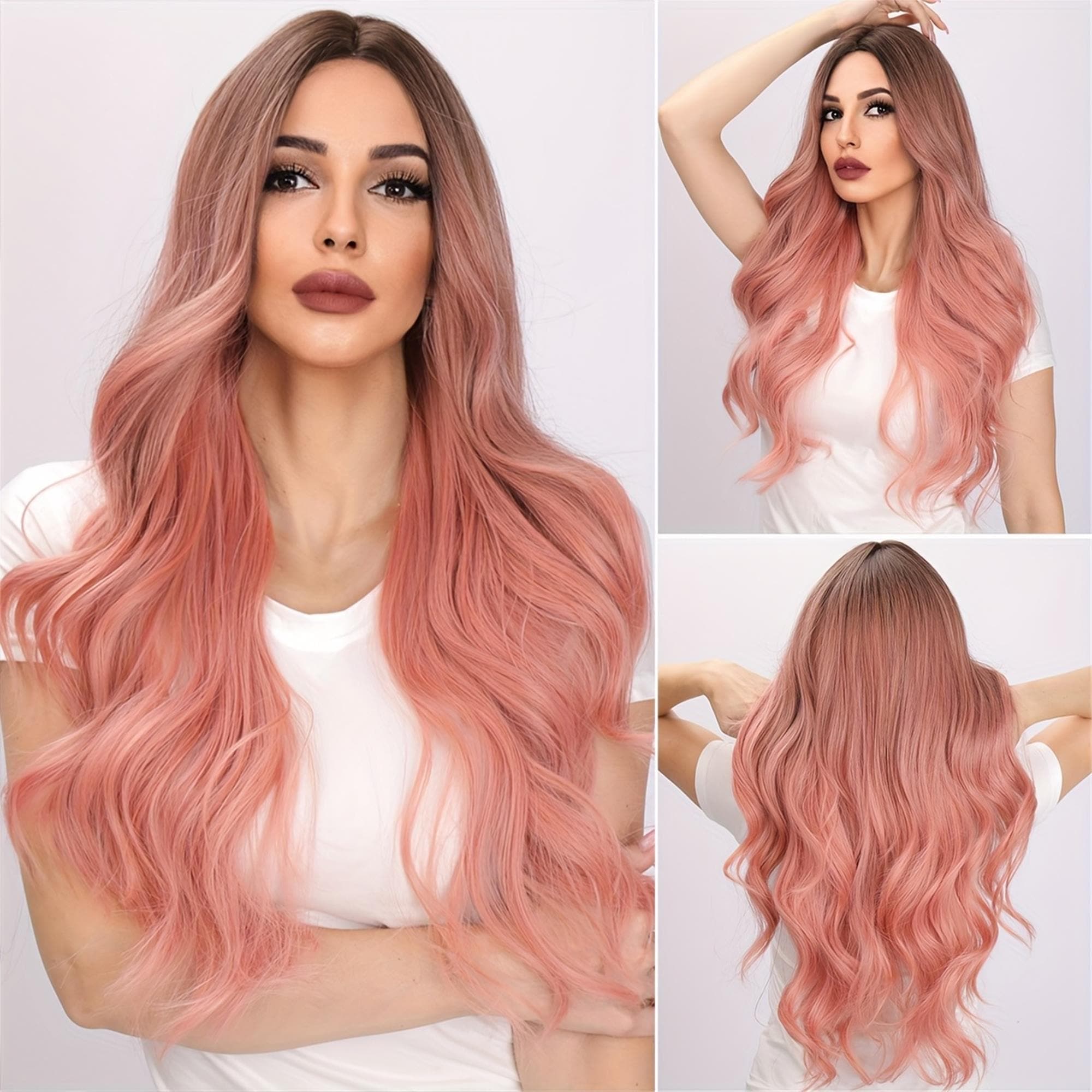 Premium Synthetic Pink Middle-parted Wig Wavy Hair 28 Inches 100% Breathable Easy To Wear Suitable For Daily Use - Thumbnail 2