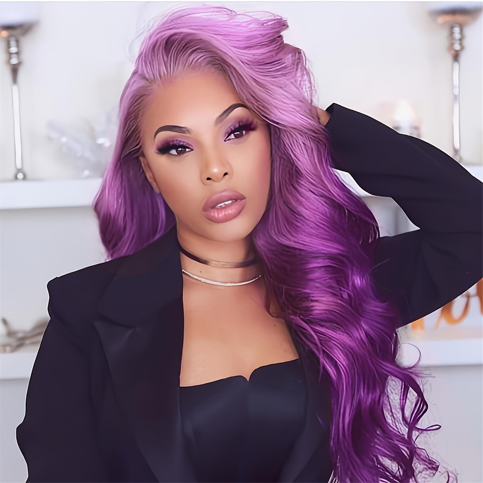 26" Long Wavy/Curly Synthetic Wig with Gradient Purple Color Heat-Resistant Fibers 150% Density - Natural Looking Front Lace for Daily
