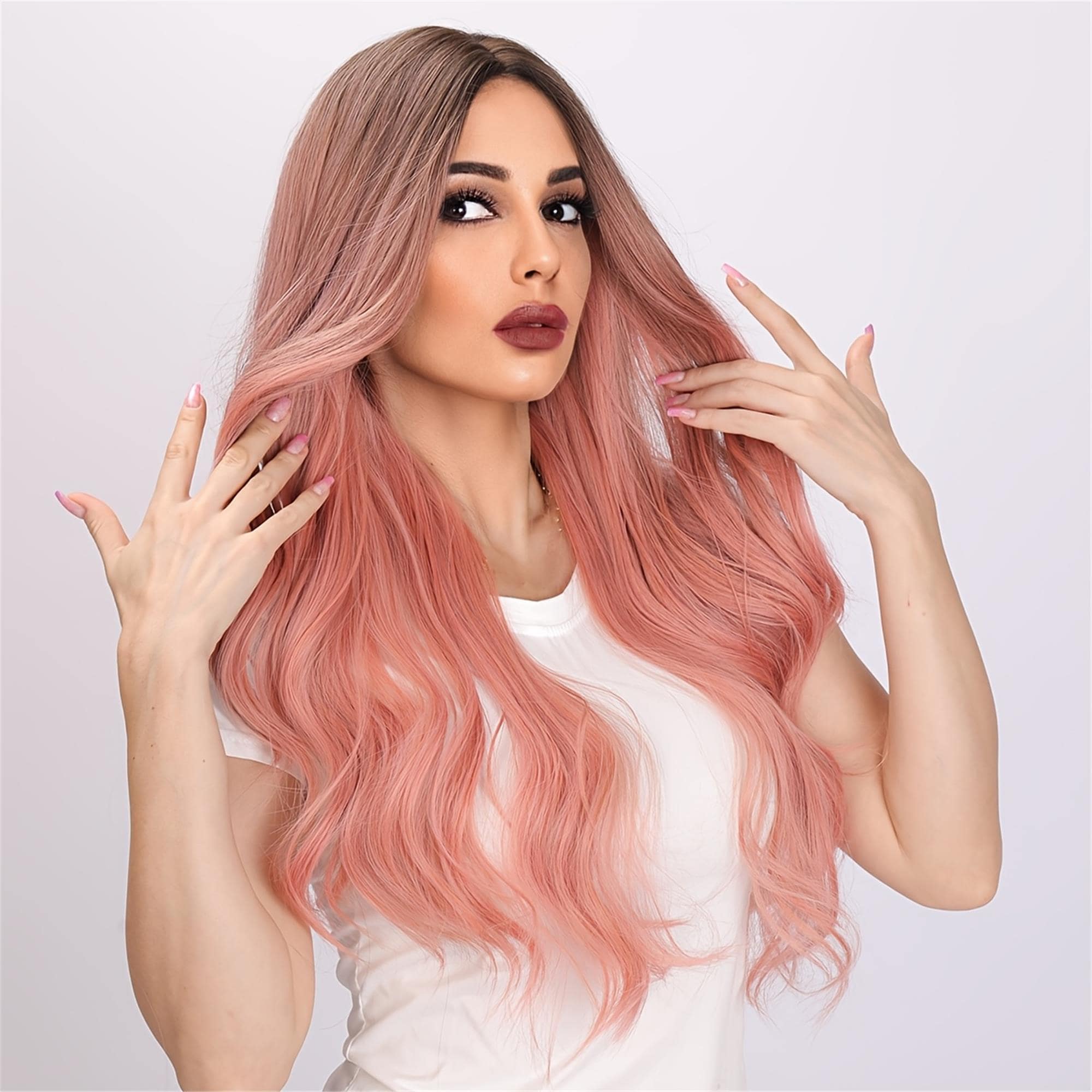 Premium Synthetic Pink Middle-parted Wig Wavy Hair 28 Inches 100% Breathable Easy To Wear Suitable For Daily Use - Thumbnail 3
