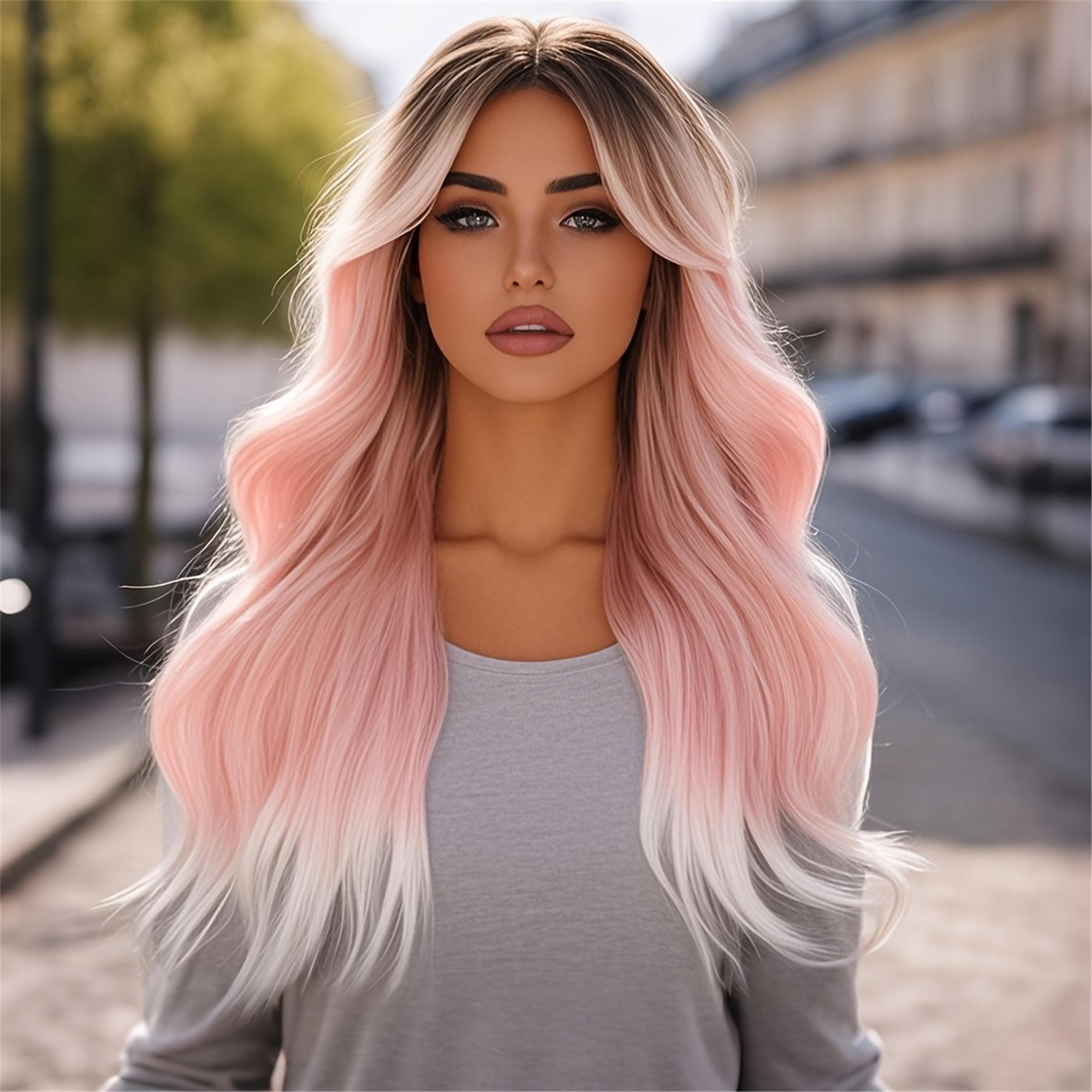 24-inch Pink Gradient White Curly Wig Suitable for Concerts Cosplay Daily Wear