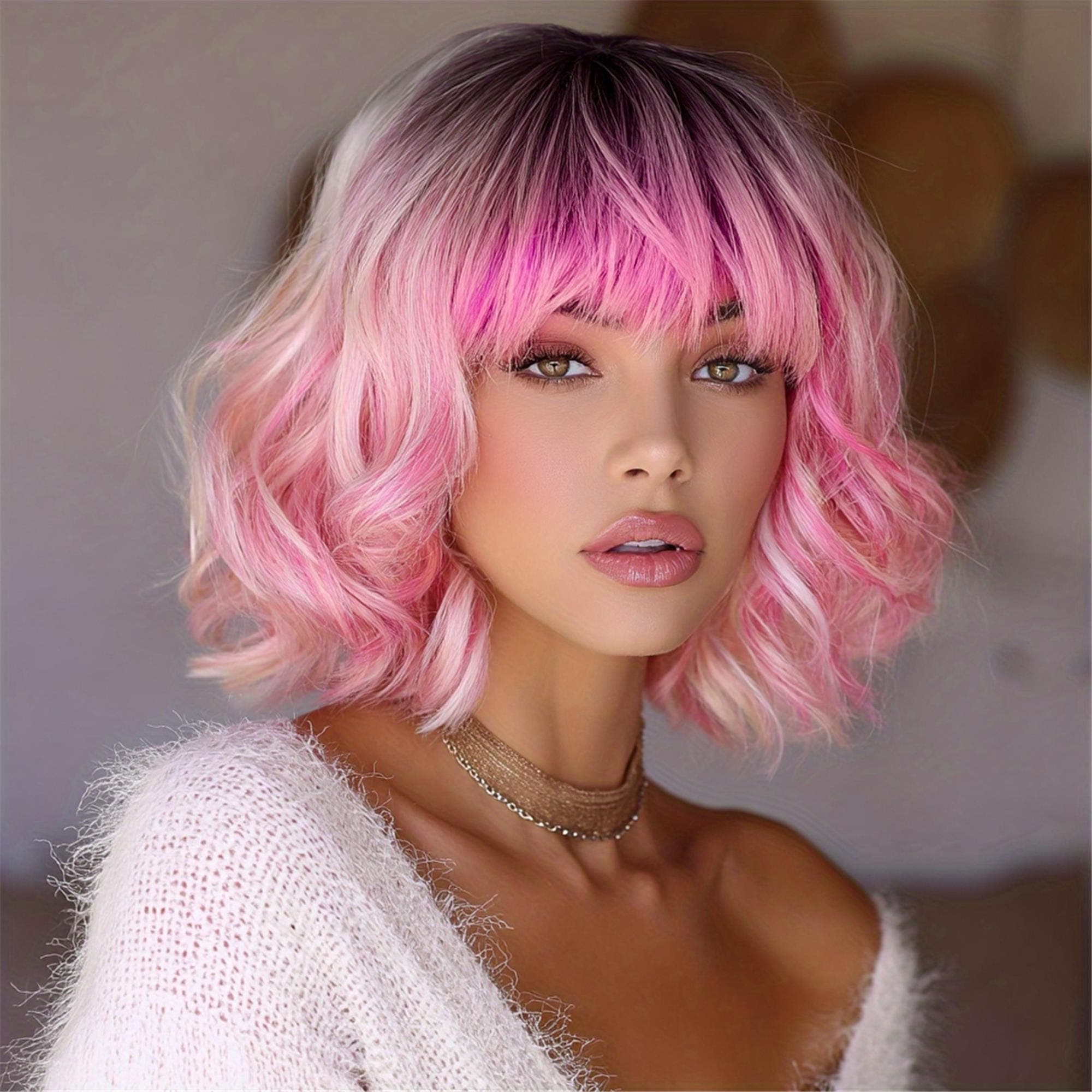 Sweet And Cool Pink Gradient Short Wig with Bangs 12 Inch Rose Net Breathable Lightweight Style Must-Have