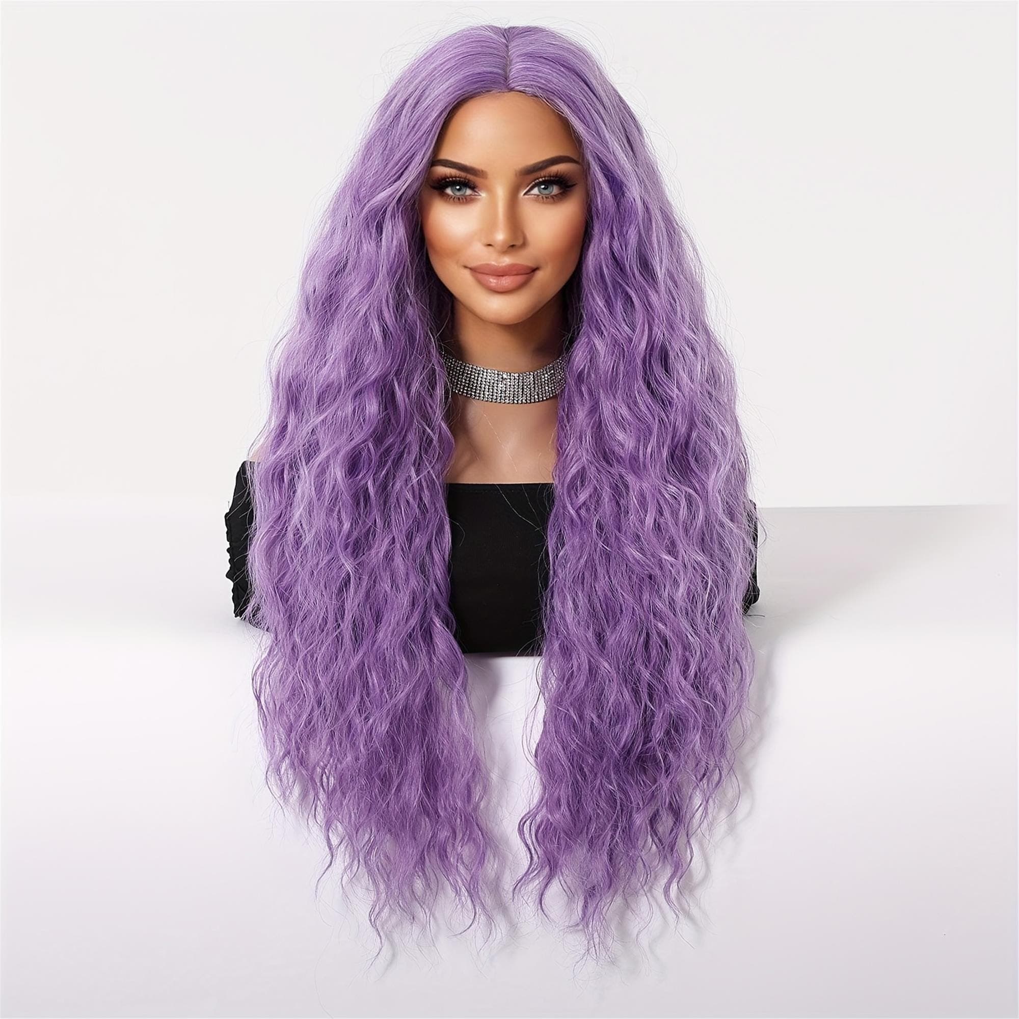 Purple Long Curly Hair Curly Wave Wig - Thumbnail 4