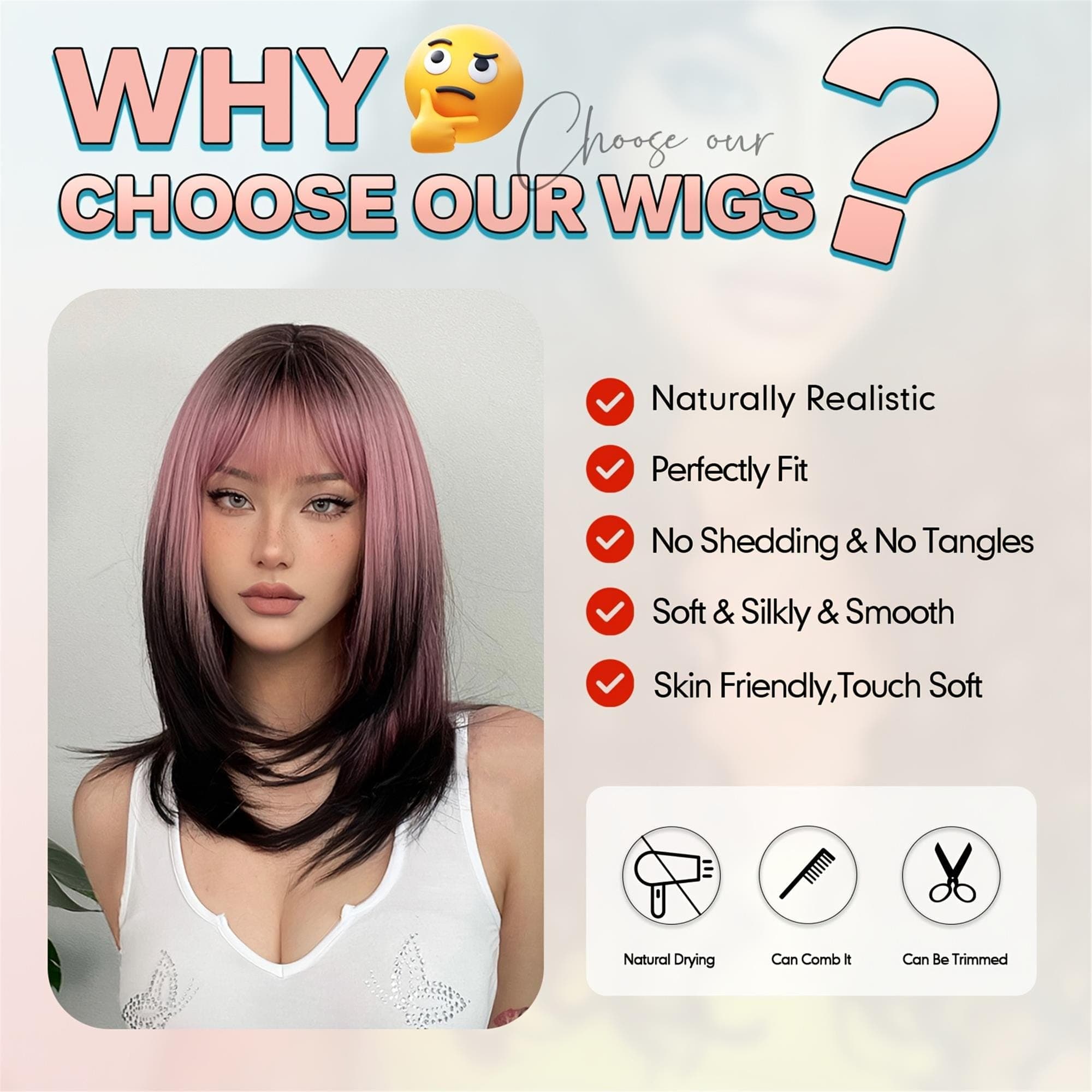 18 Inch Straight Ombre Pink to Black Wigs with Neat Bangs; Comfortable High Quality Fluffy - Thumbnail 5