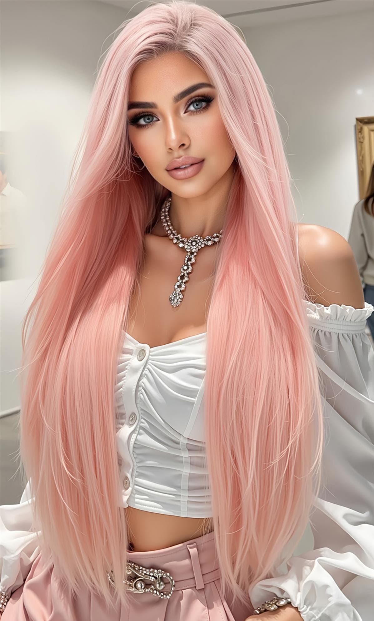 13x6 HD Transparent Lace Front Wig 30Inch Pink Color Straight Hair Glueless Lace Wig with Pre Plucked Natrural Hairline - Thumbnail 2