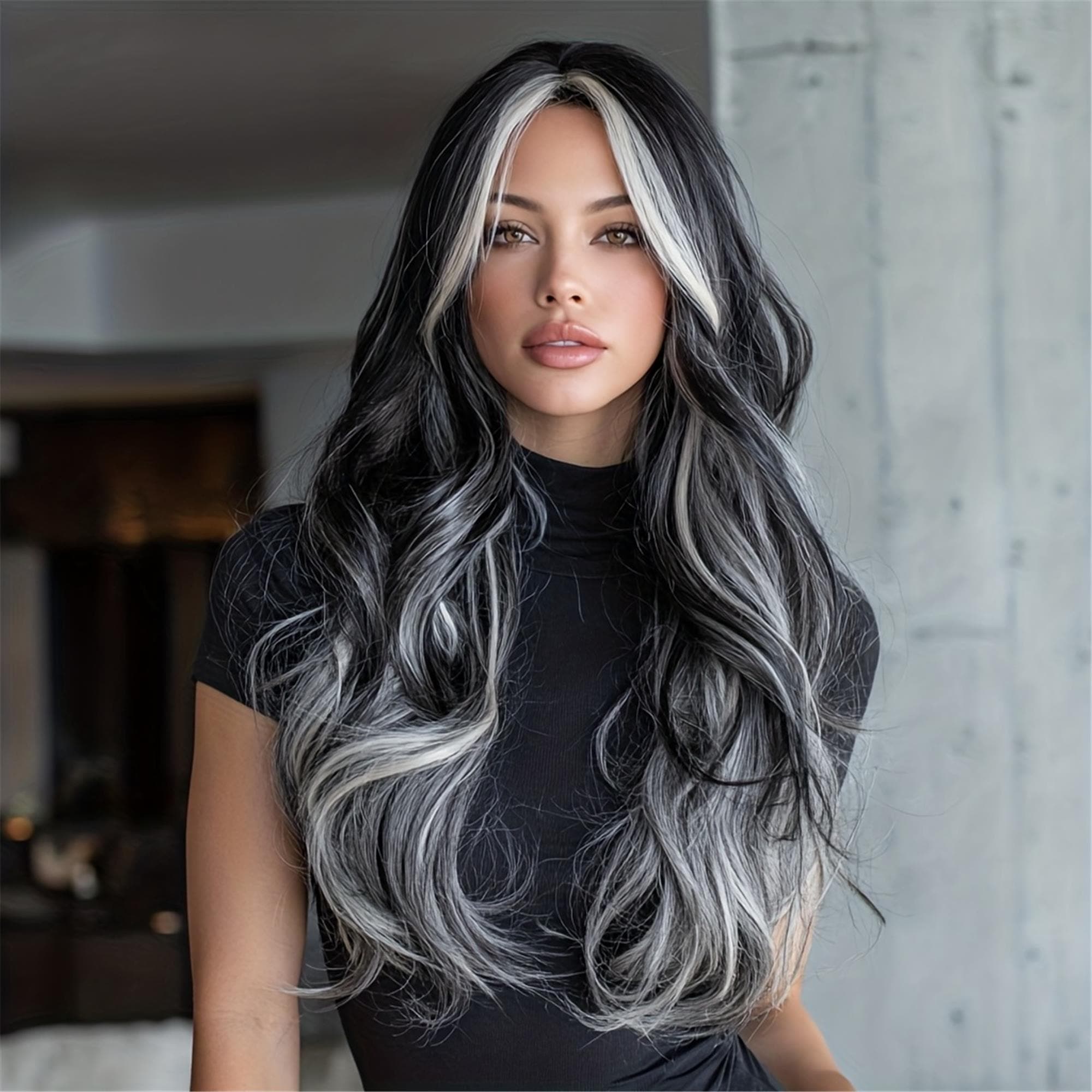 26-Inch Elegant Black Wig with White Highlights Beginner-Friendly Suitable for Everyday Wear And