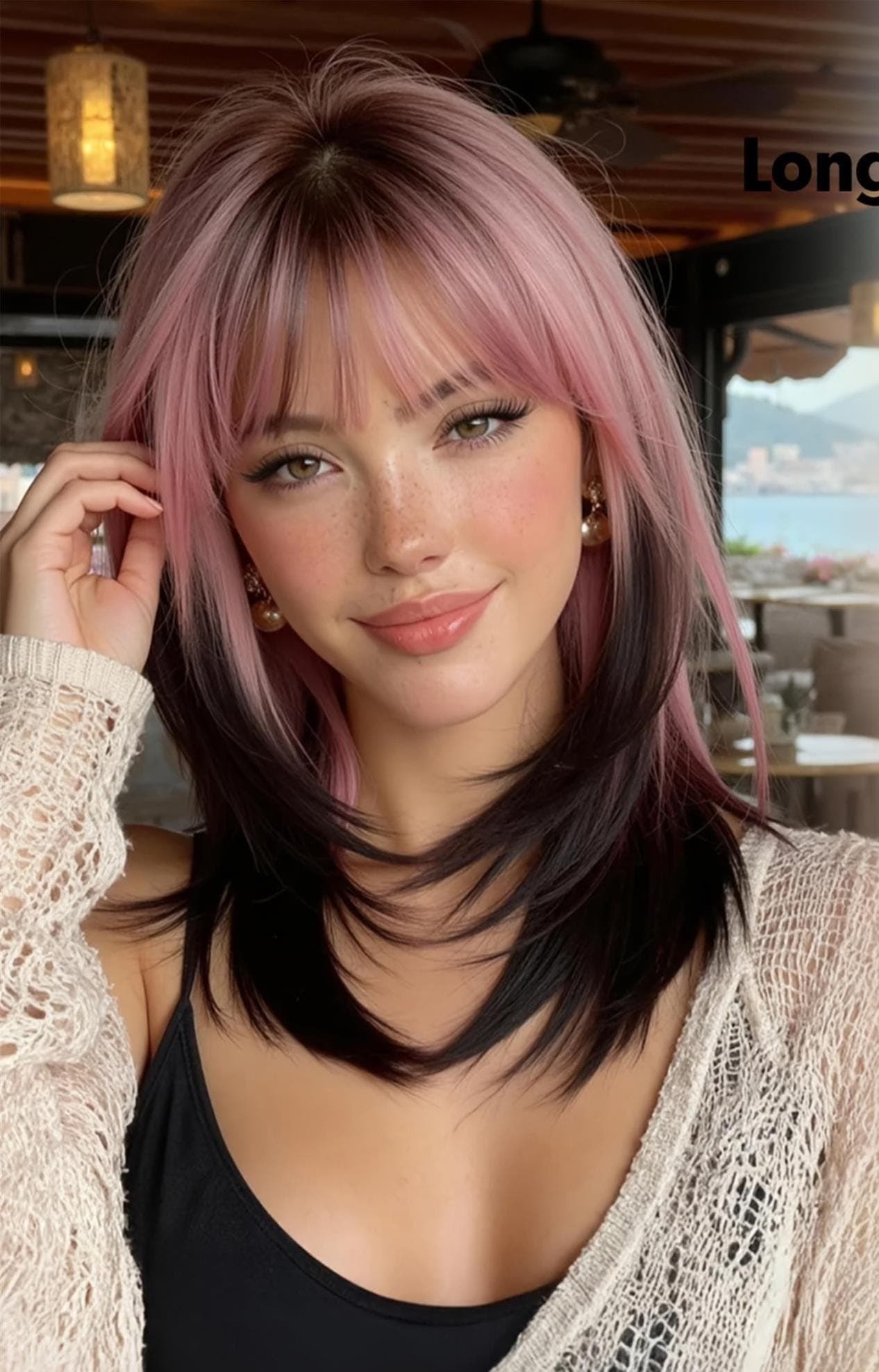 18 Inch Straight Ombre Pink to Black Wigs with Neat Bangs; Comfortable High Quality Fluffy