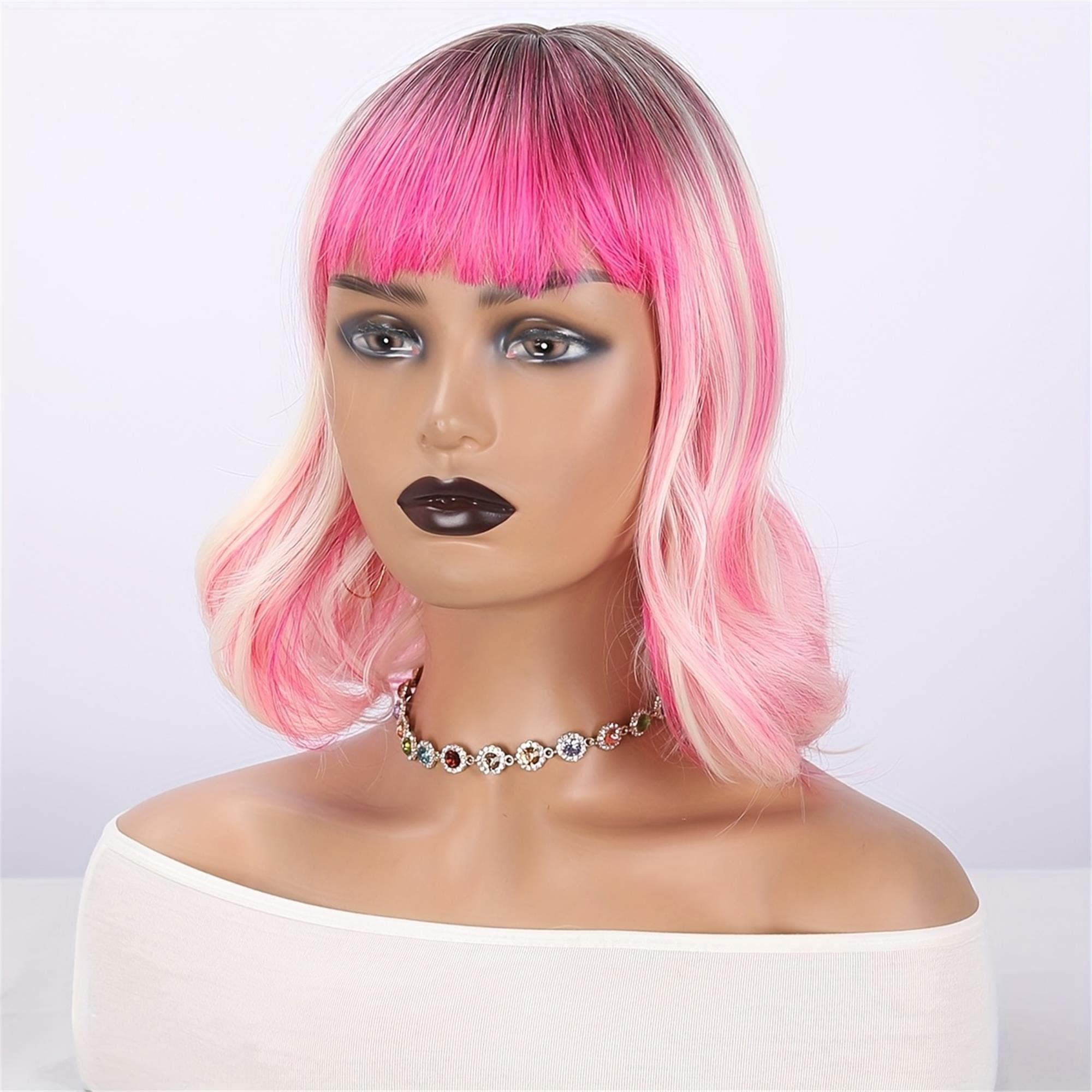 Sweet And Cool Pink Gradient Short Wig with Bangs 12 Inch Rose Net Breathable Lightweight Style Must-Have - Thumbnail 6