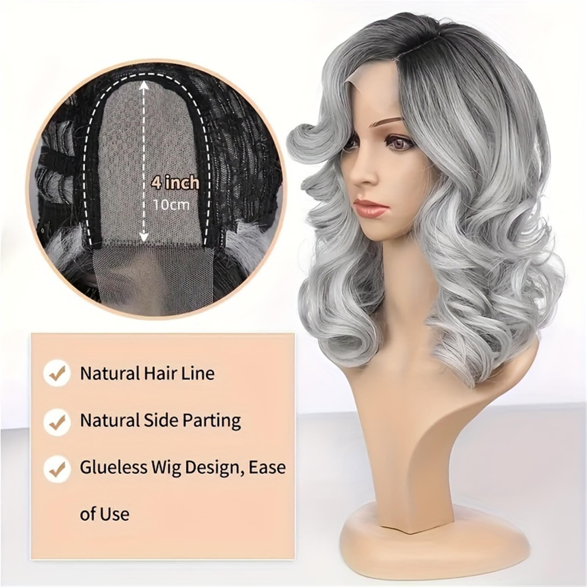 4*1 12 Inch/30Cm Ombre Black Gray Loose Wave Curly Hair Wigs Synthetic T Part Lace Front Wigs Bob Body Wave Wig - Thumbnail 4