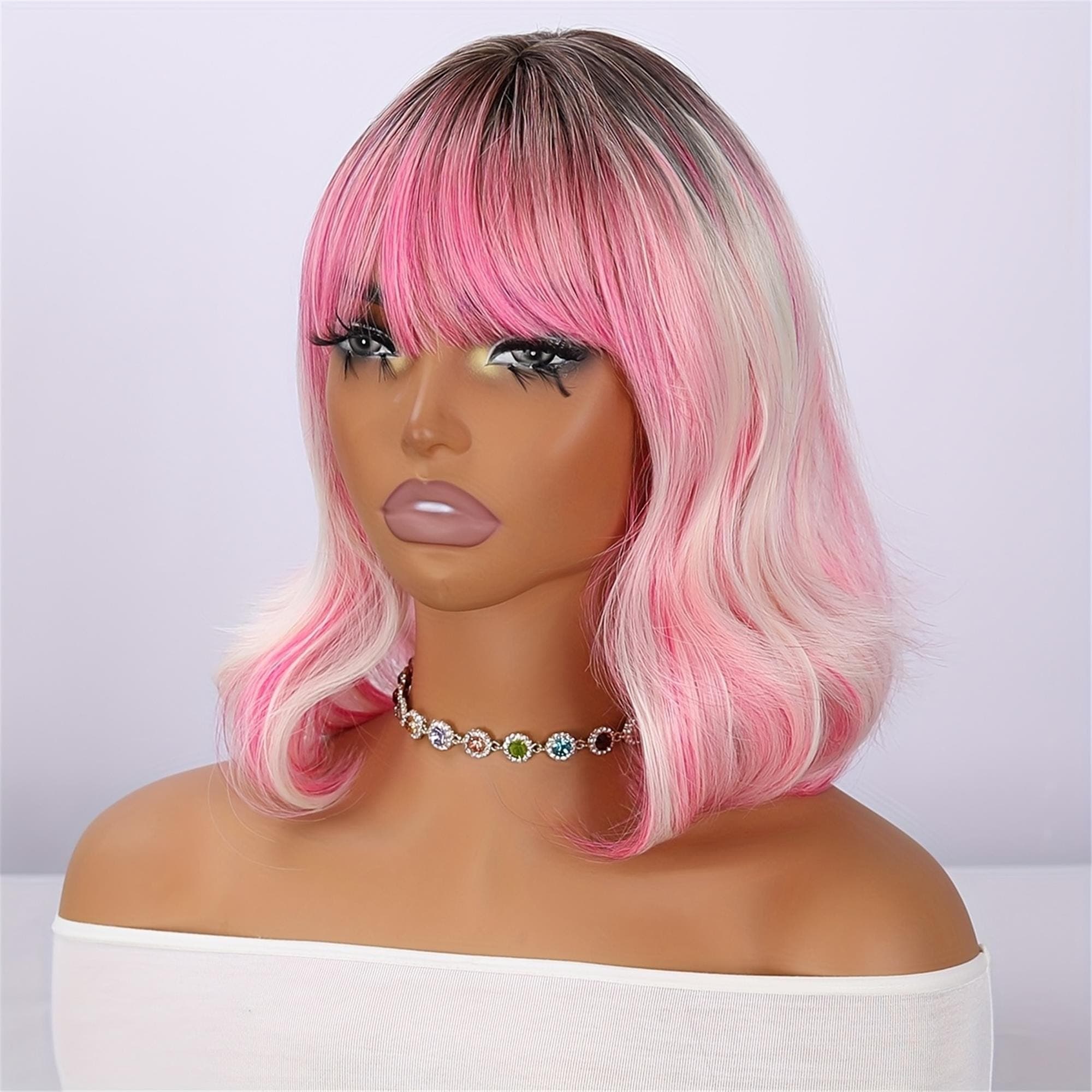 Sweet And Cool Pink Gradient Short Wig with Bangs 12 Inch Rose Net Breathable Lightweight Style Must-Have - Thumbnail 9