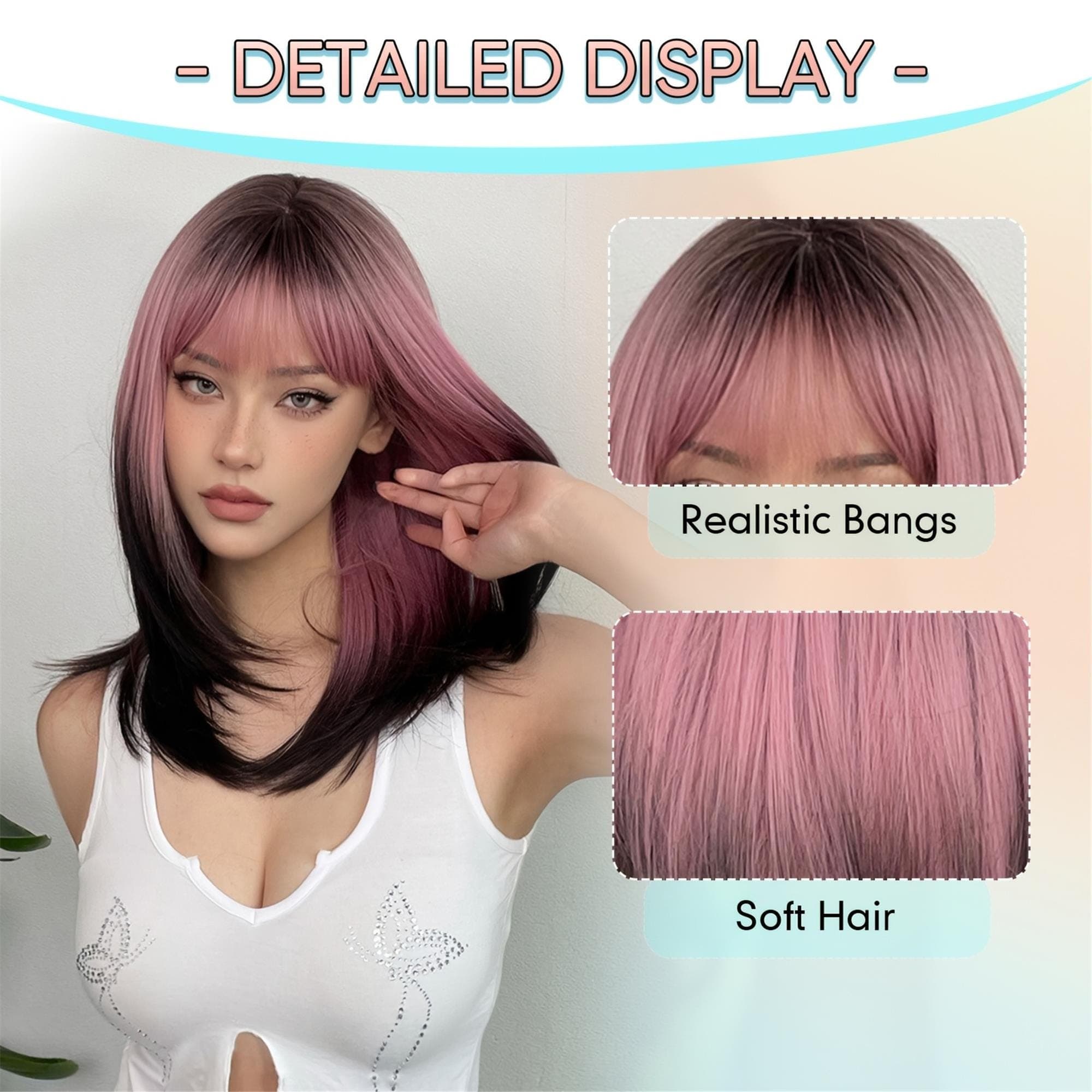 18 Inch Straight Ombre Pink to Black Wigs with Neat Bangs; Comfortable High Quality Fluffy - Thumbnail 3