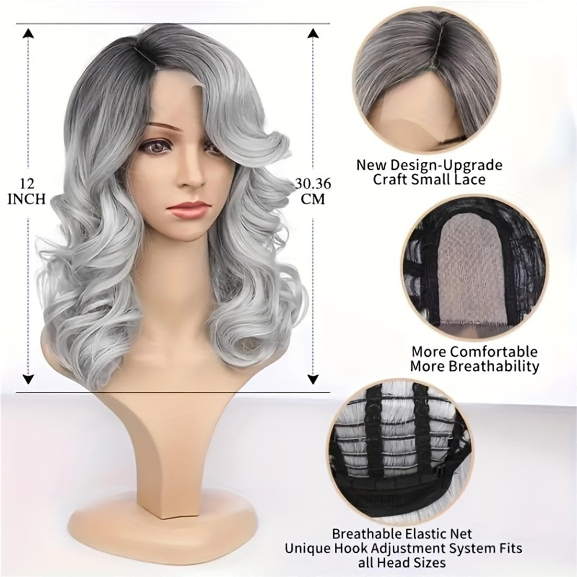 4*1 12 Inch/30Cm Ombre Black Gray Loose Wave Curly Hair Wigs Synthetic T Part Lace Front Wigs Bob Body Wave Wig - Thumbnail 2