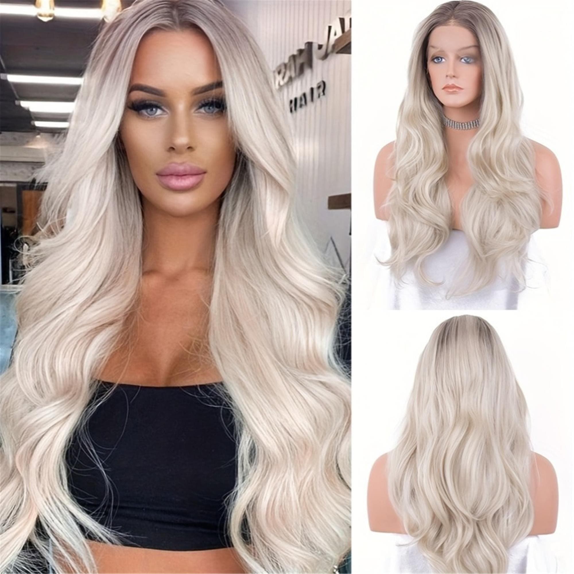 Ombre Lace Front Wig With Brown Roots Brown To Platinum Blonde Wig With Middle Part Long Good Wavy Wigs 22-24 inches - Thumbnail 2